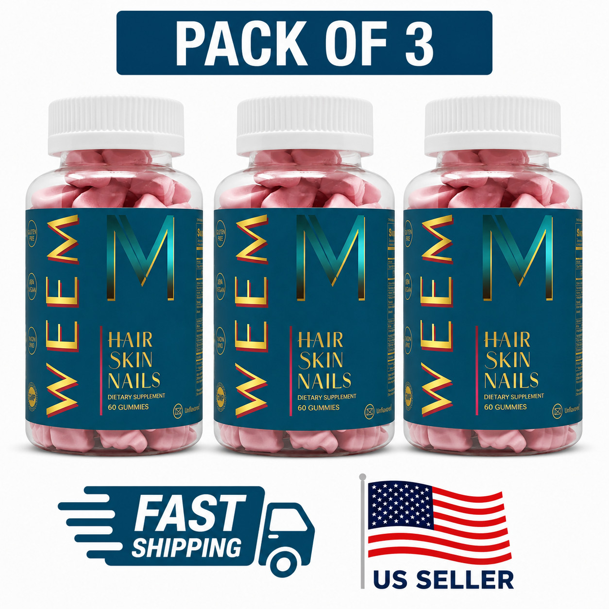 Pack OF 3 WEEM Hair Skin and Nails Gummies Supports Healthy Hair 60ct