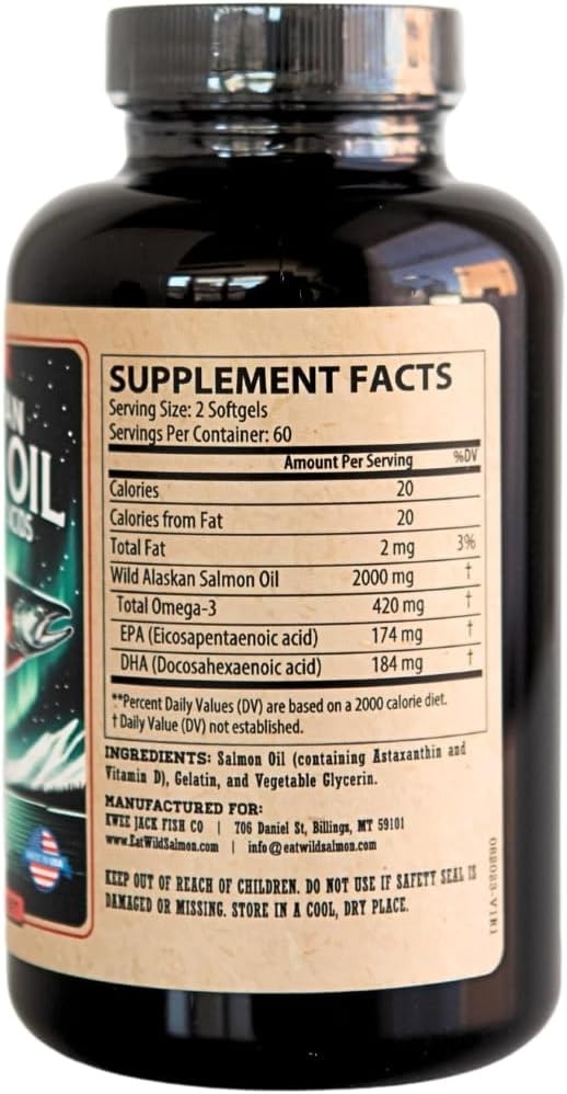 Omega-3 Supplement- Wild Alaskan Salmon Oil- 1000mg, EPA and DHA- 120 Softgels