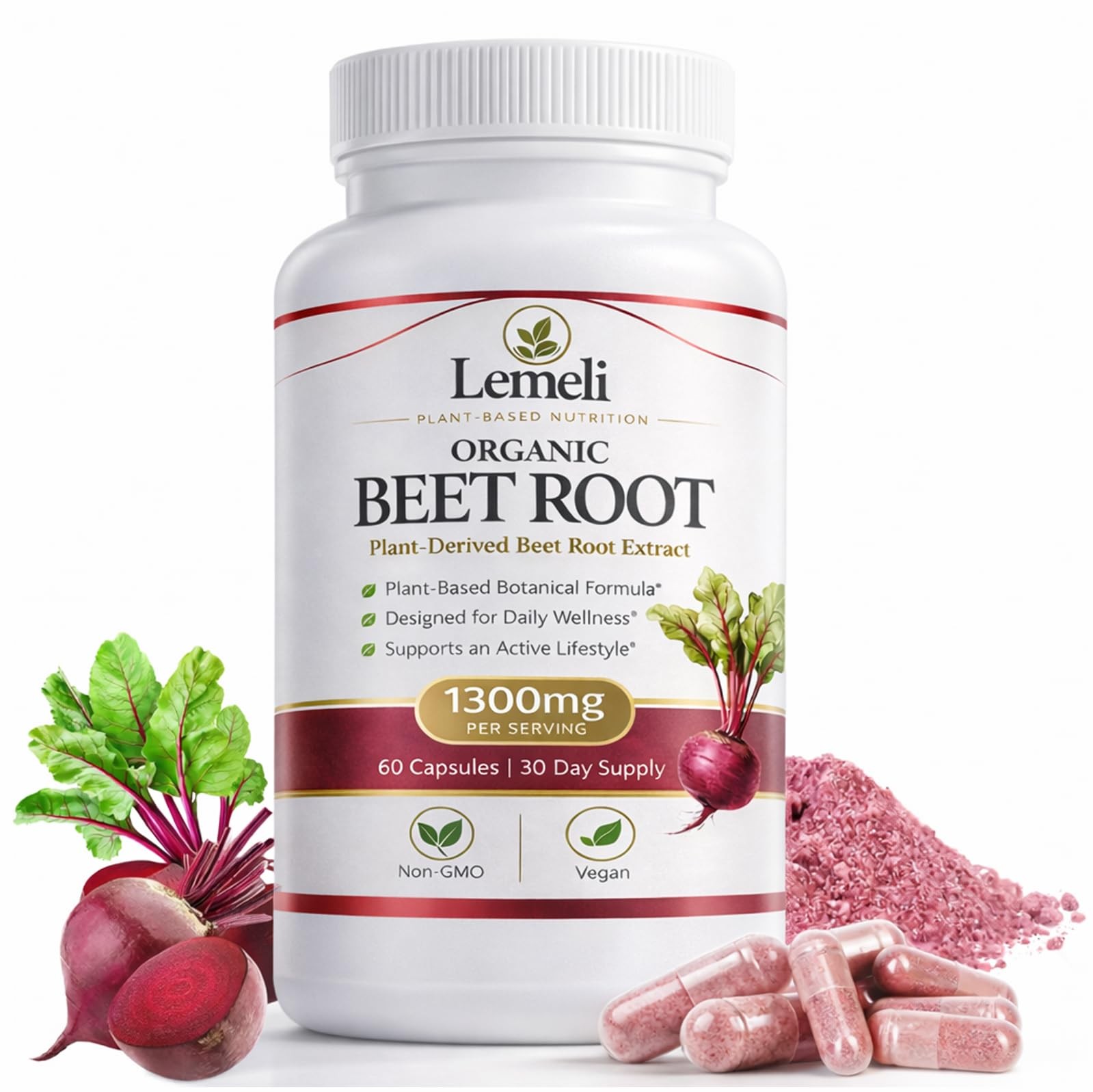 Beetroot Capsules 1300mg Nitric Oxide Booster Vegan 60 Count Lemeli Extract High