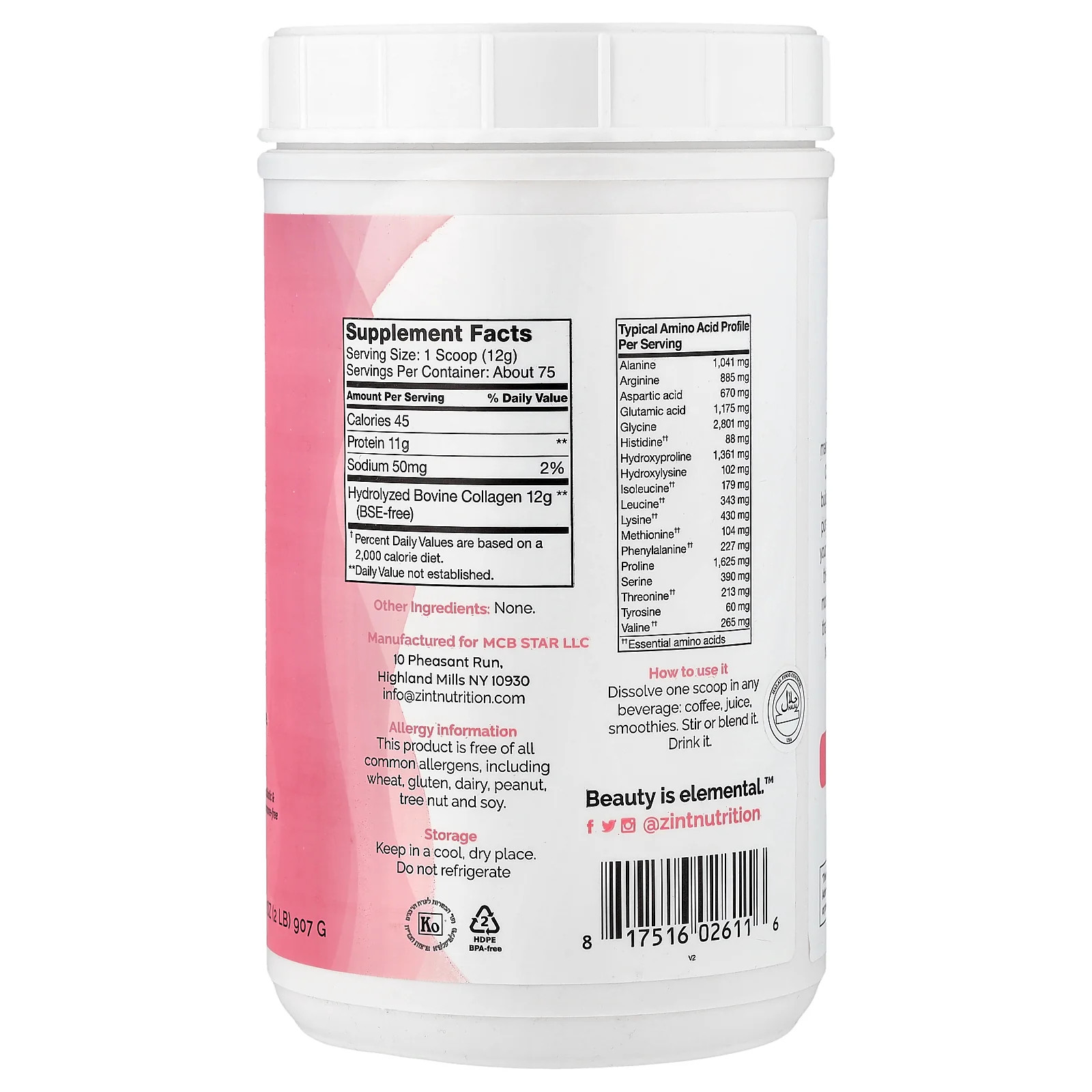 2 X Zint, Pure Grass-Fed Collagen Peptides, Unflavored, 32 oz (907 g)