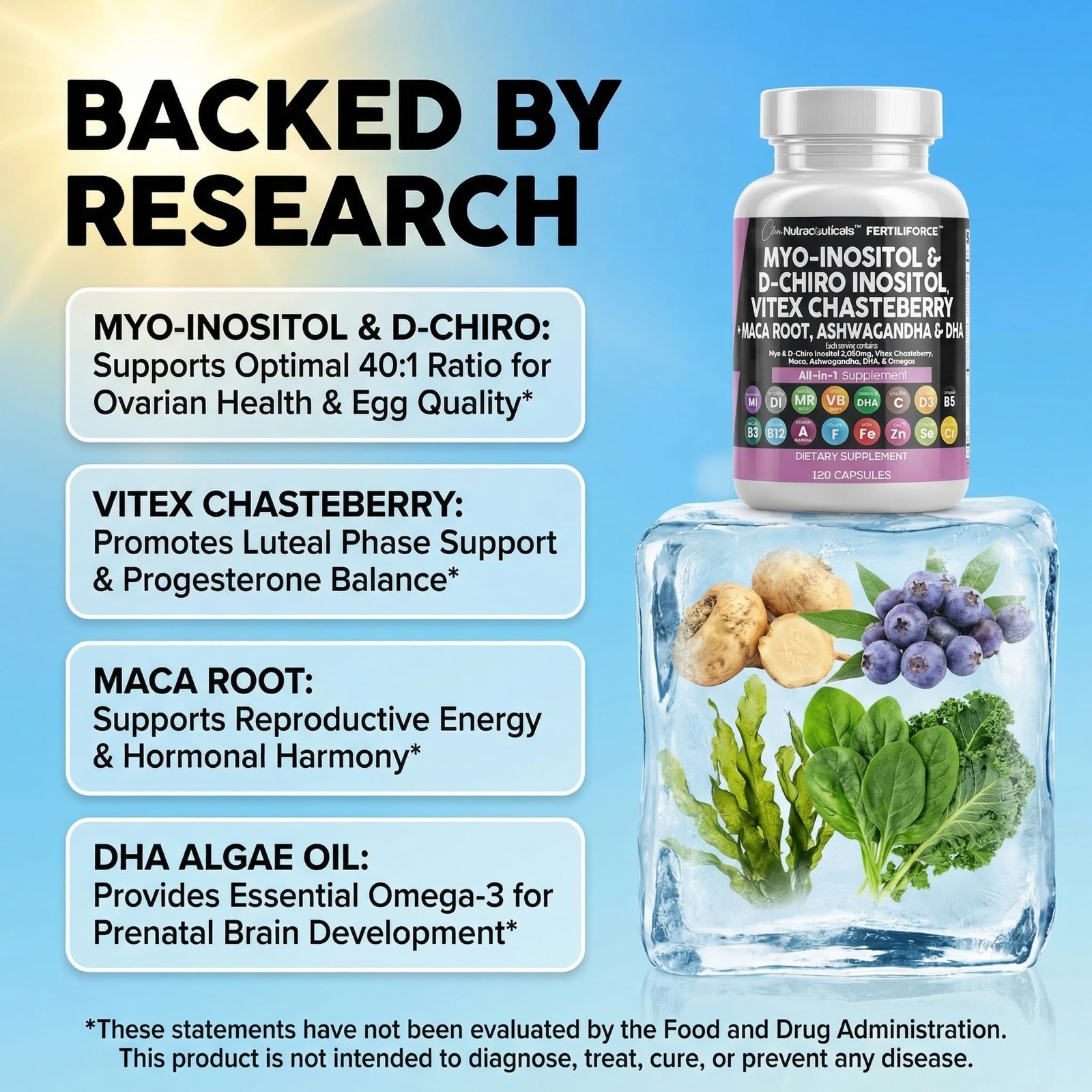 Clean Nutraceuticals Myo-Inositol & D-Chiro 120 Count (Pack of 1), Natural