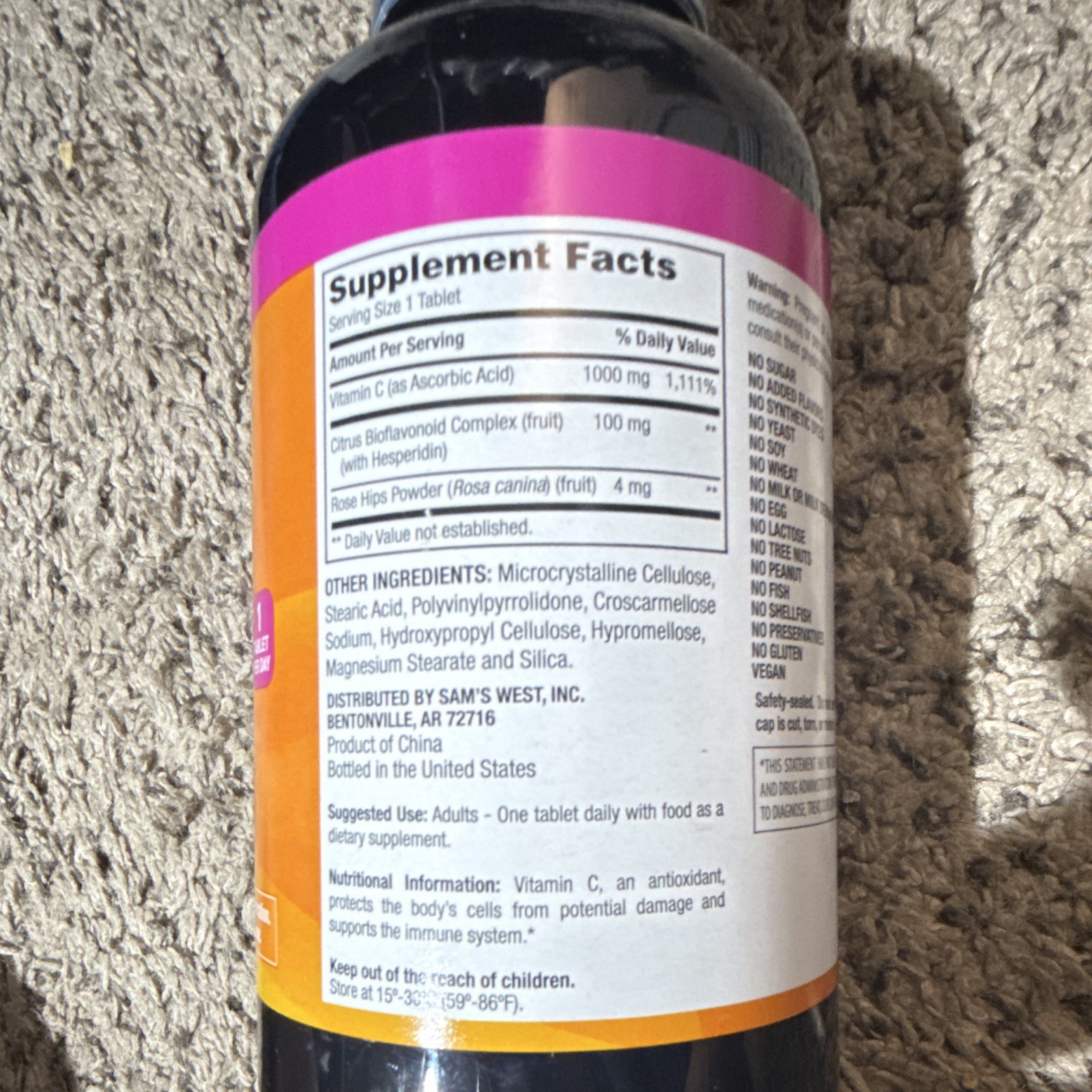 Member’s Mark Vitamin C 1000mg Tablets Rose Hips + Bioflavonoids 500 Vegan