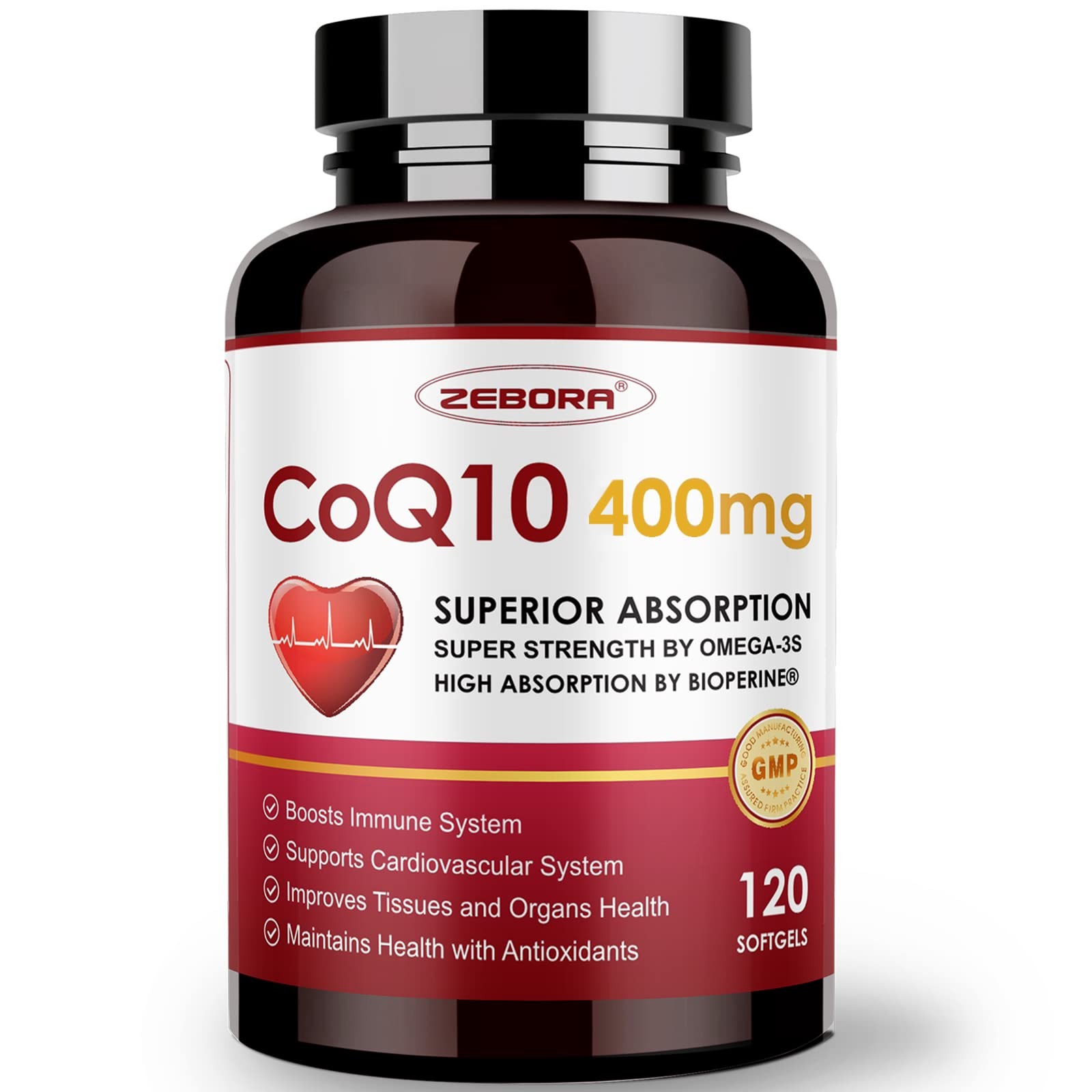 ZEBORA CoQ10-400mg-Softgels with PQQ, BioPerine 120 Count (Pack of 1), Coq10