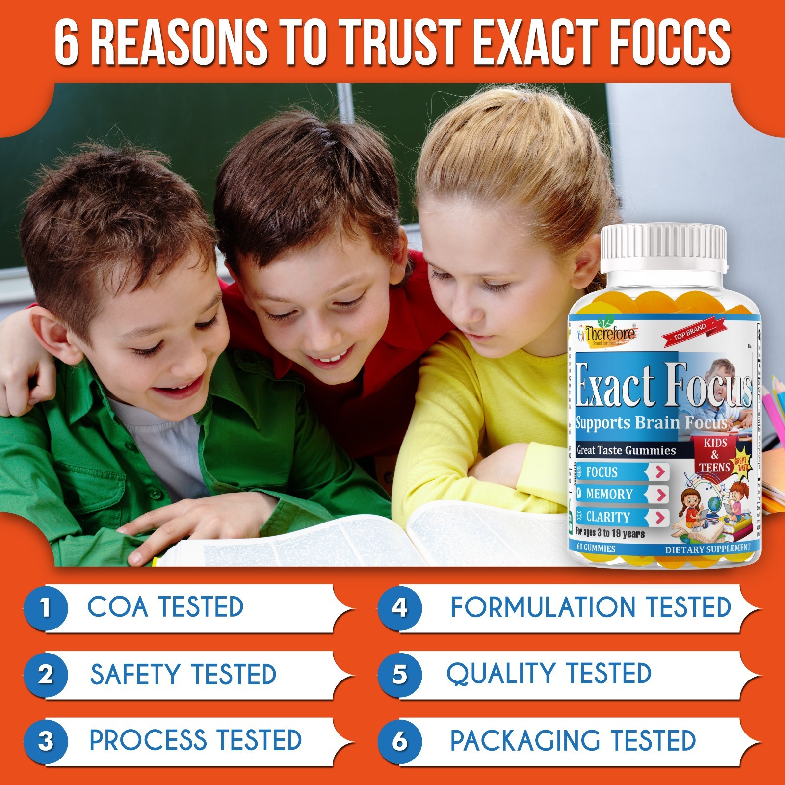 Exact Focus Brain Vitamins for Kids & Teens, Cognitive Clarity Supplement-60ct