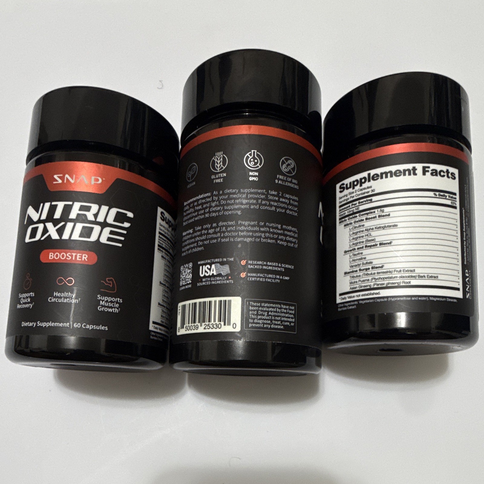 SNAP Nitric Oxide Booster 3 Pack Bundle 60 Capsules Each New Sealed Support