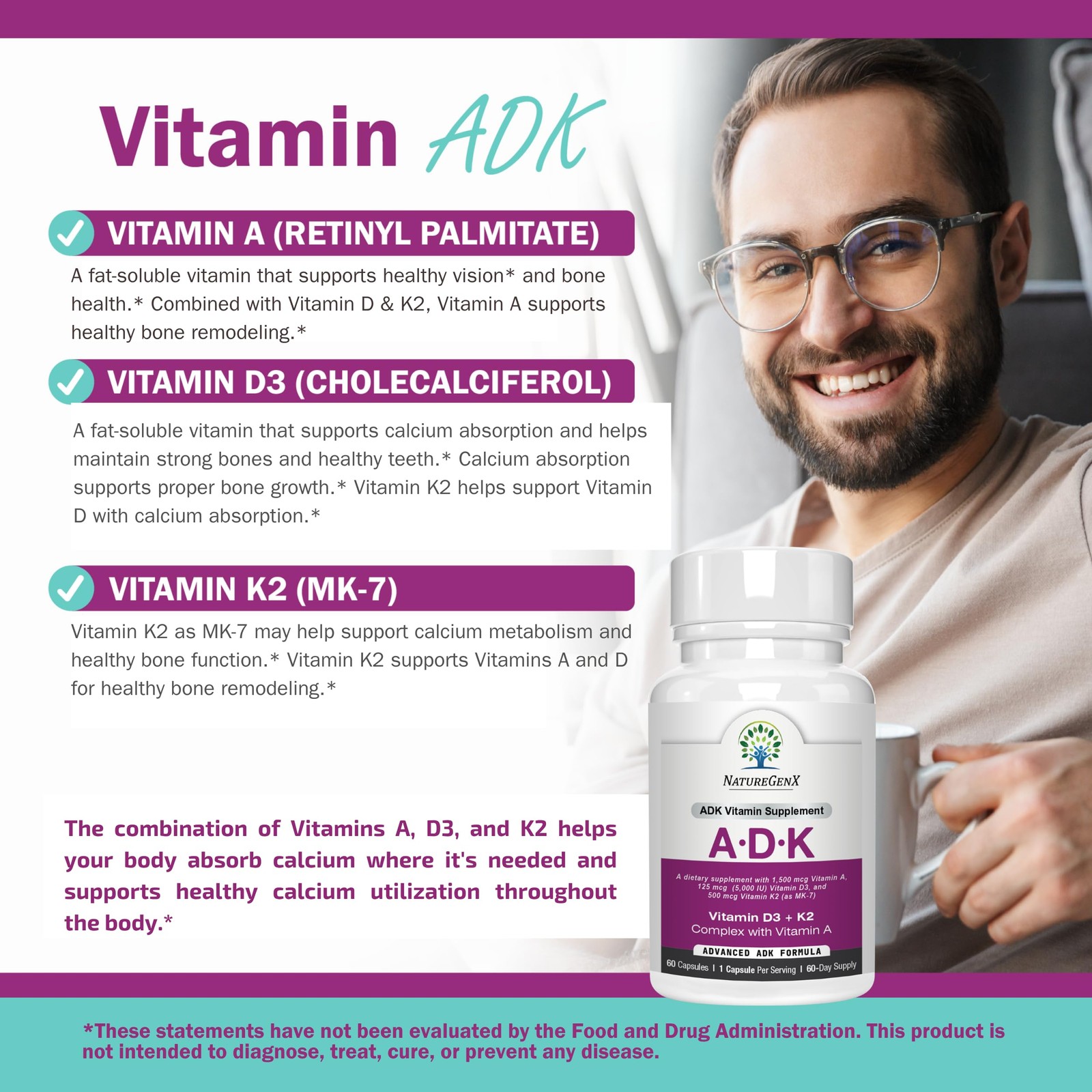 NatureGenX ADK Vitamin Supplement – Vitamins A, D3 60 Count (Pack of 1), None