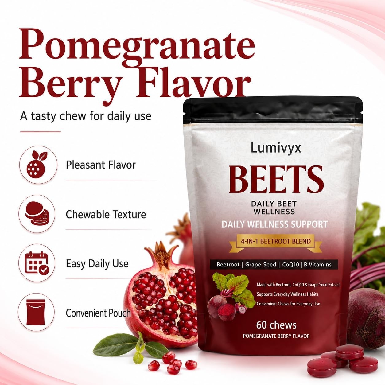 Beet Chews – Beetroot Blend with CoQ10 & Grape Seed Extract, Pomegranate Flavor,