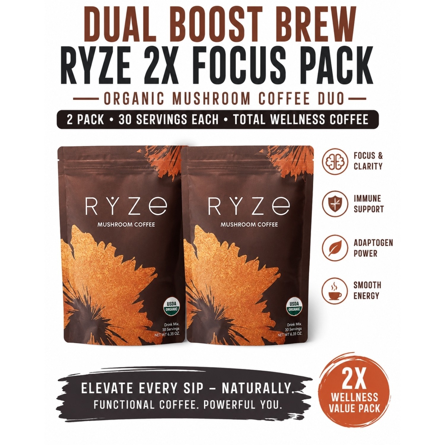 2 Pack Organic Daily Brew 60 Servings RYZE Elevation Blend Mushroom Coffee