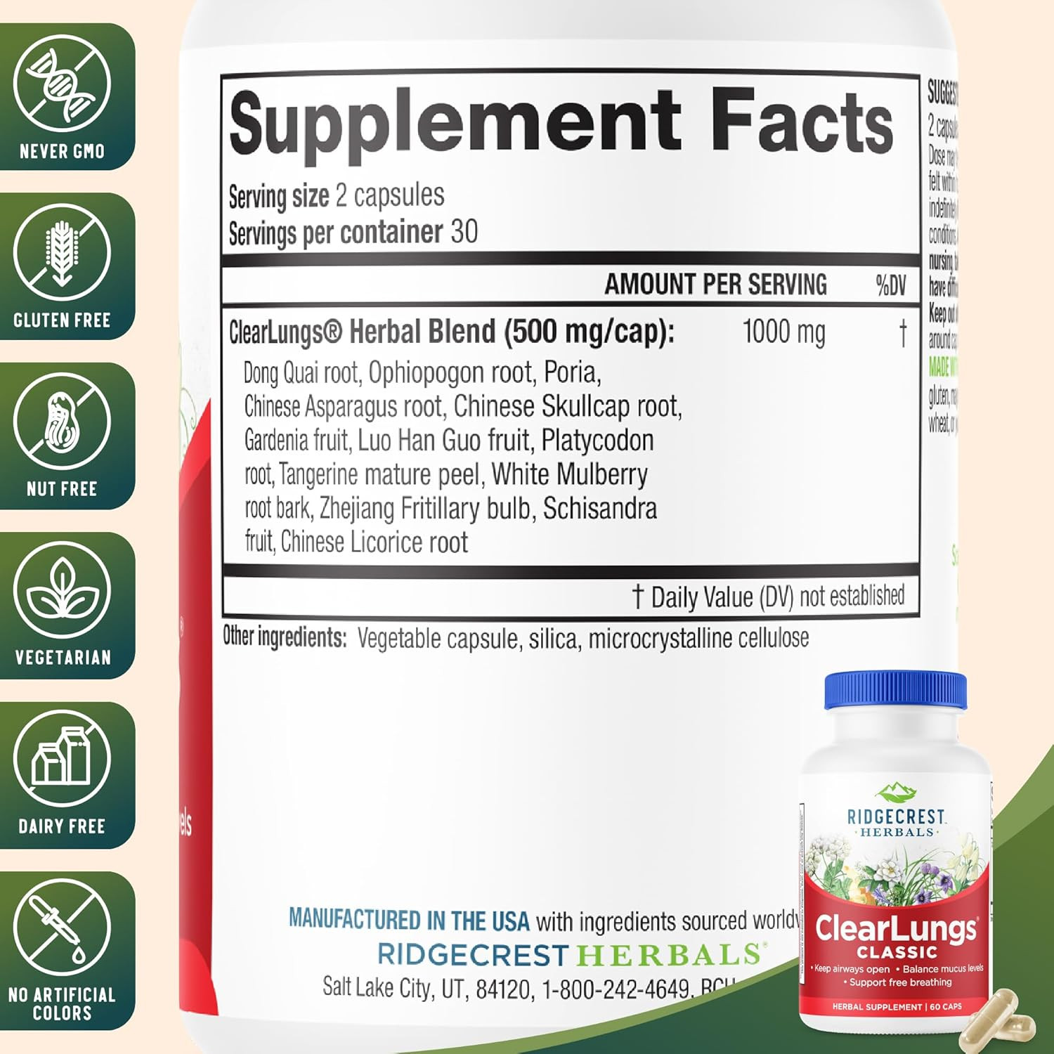 Ridgecrest Herbals Clearlungs Classic, Daily Health Supplement, Natural Lung and