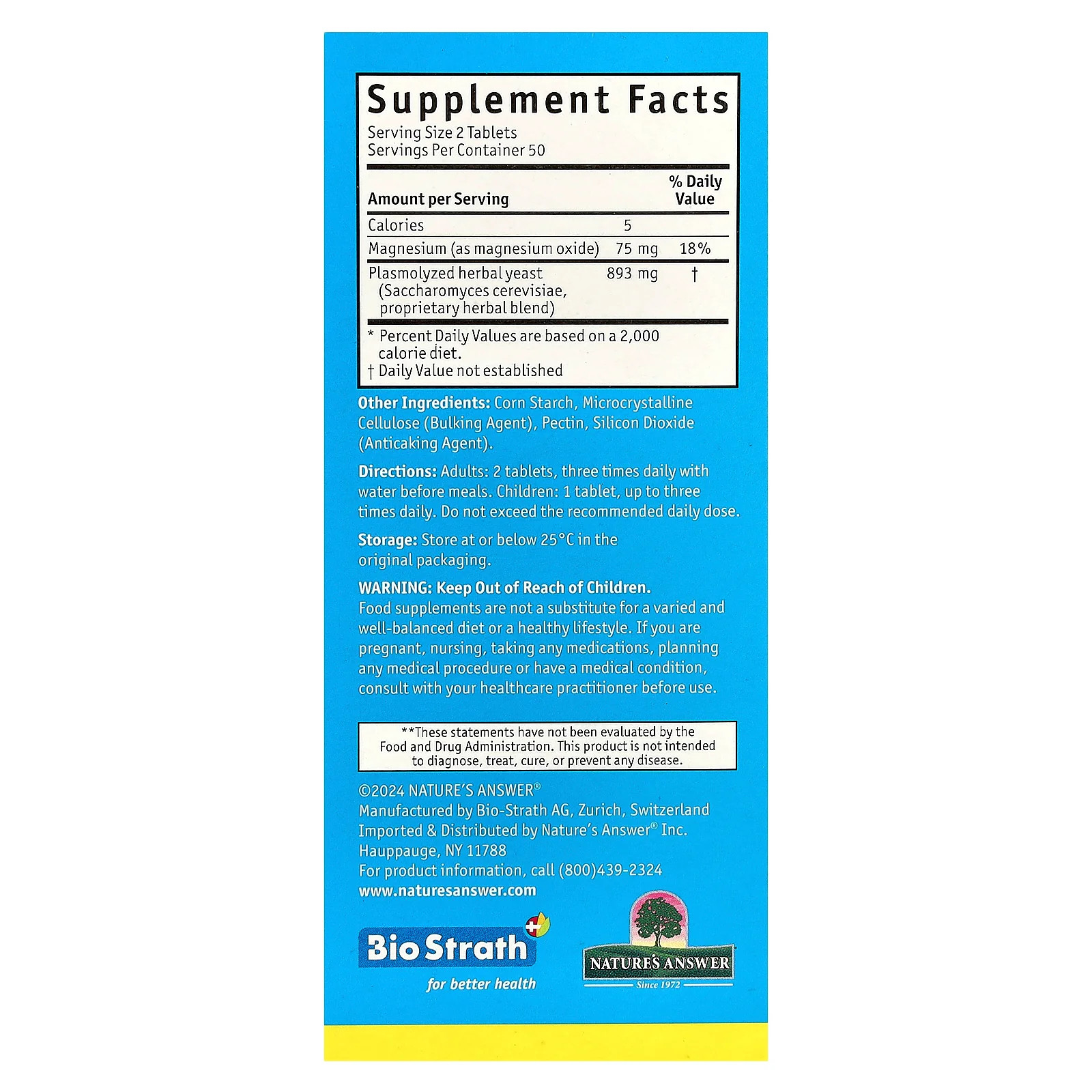 2 X Bio-Strath, Fermented Herbal Yeast Postbiotic, With Magnesium , 100 Tablets