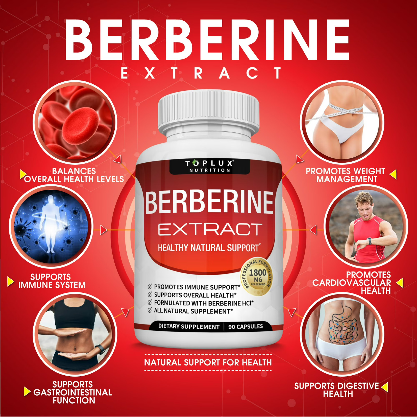 Toplux Berberine HCL Supplement 1800mg Healthy Support 90 Capsules