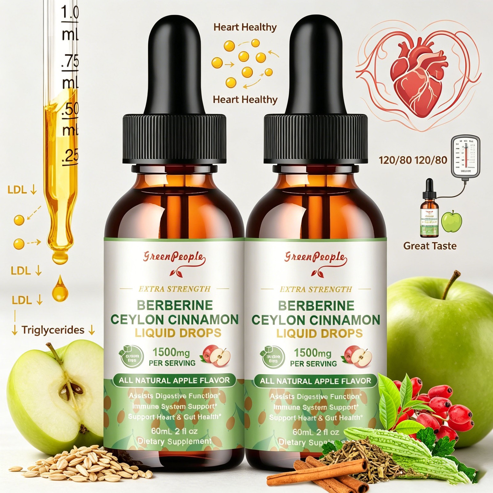 Berberine Liquid Drops 120ml – 1500mg with Ceylon Cinnamon for Heart Health