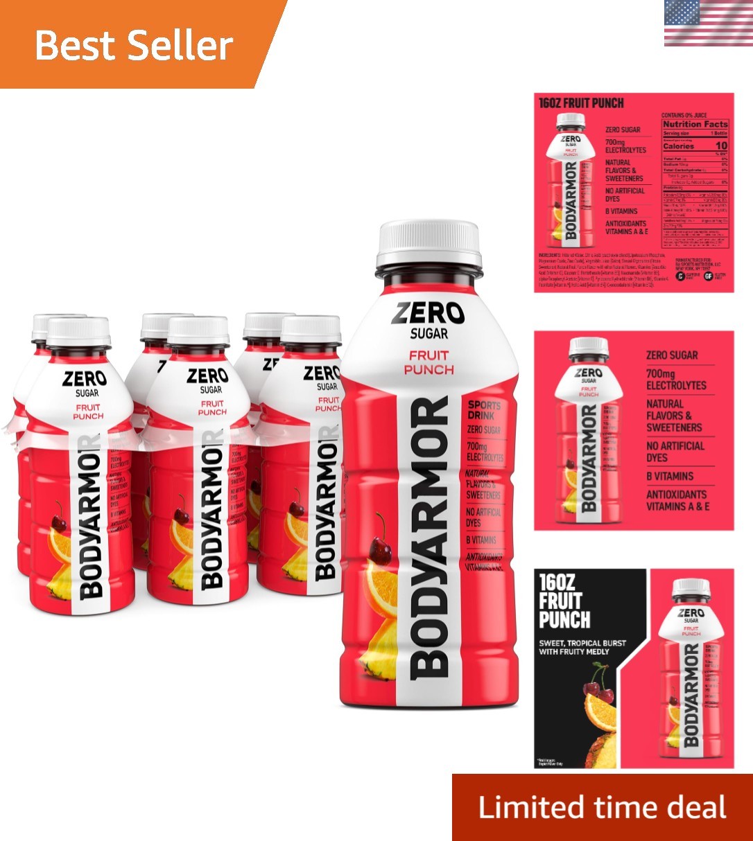 6 Pack Zero Sugar Fruit Punch Sports Drink – Hydration with Electrolytes, 16 Oz