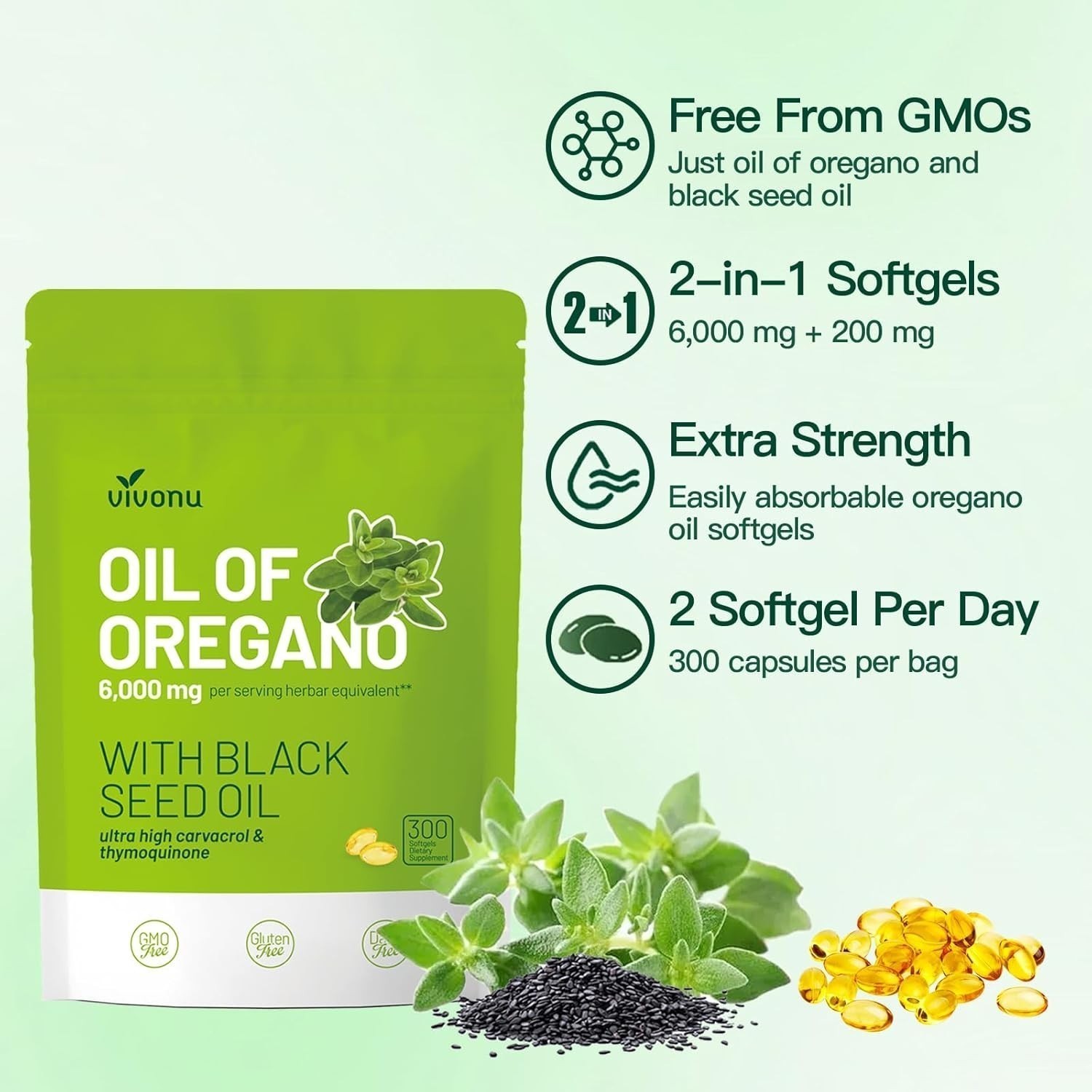 VivoNu Oil of Oregano with Black Seed Oil, Balanced Oil of Oregano Capsules NEW