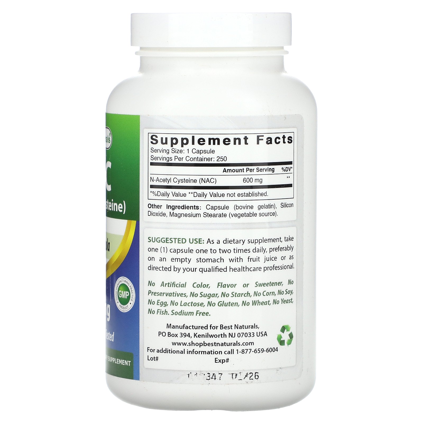 2 X Best Naturals, NAC, 600 mg, 250 Capsules-worldwide