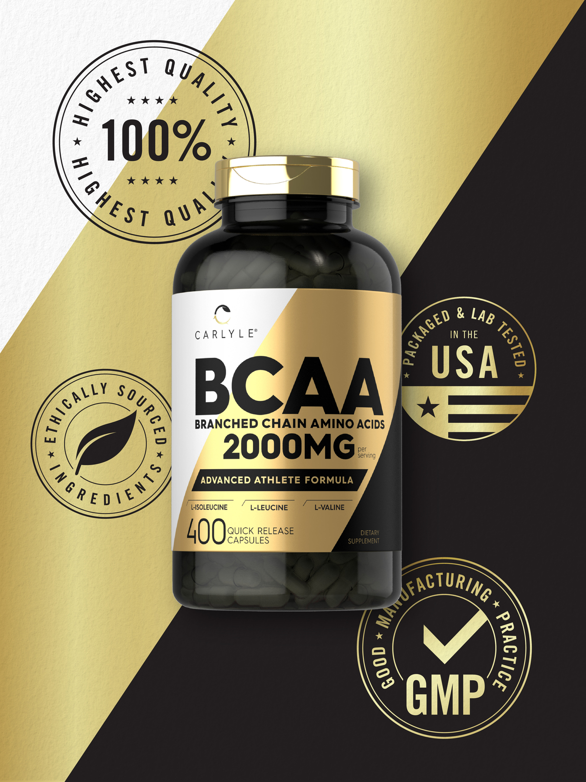 BCAA Amino Acids | 2000mg | 400 Capsules | Branch Chain Amino Acids | Carlyle