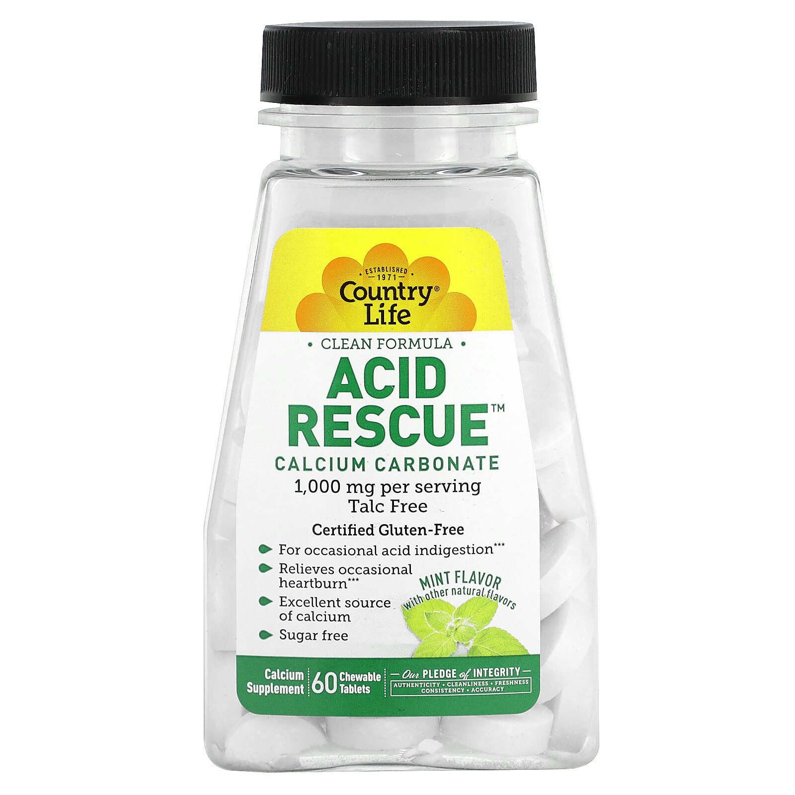 Acid Rescue, Calcium Carbonate, Mint, 1,000 mg, 60 Chewable Tablets (500 mg per