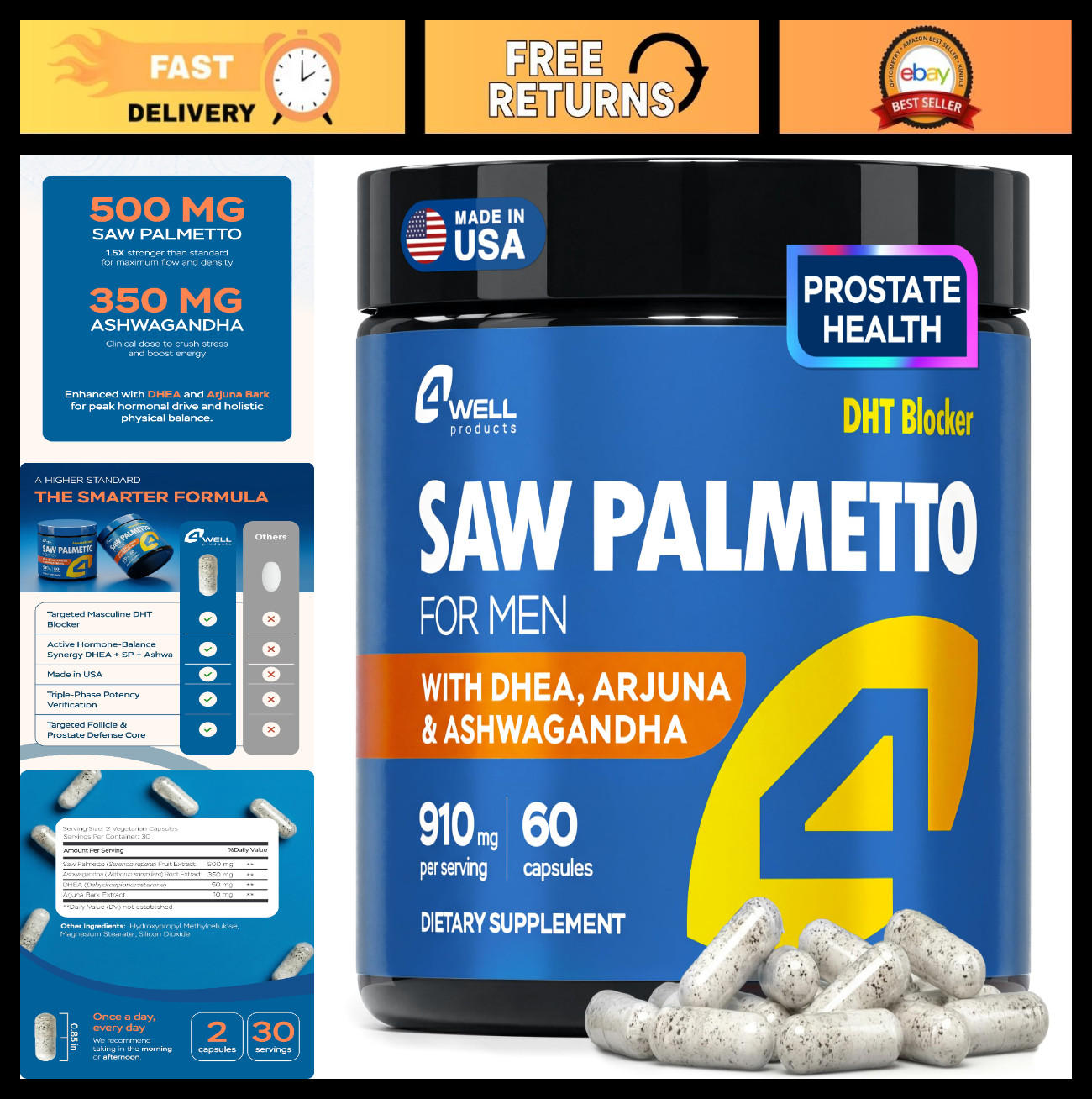 Saw Palmetto Prostate Health Supplement with Arjuna & DHEA – 900mg DHT Blocker