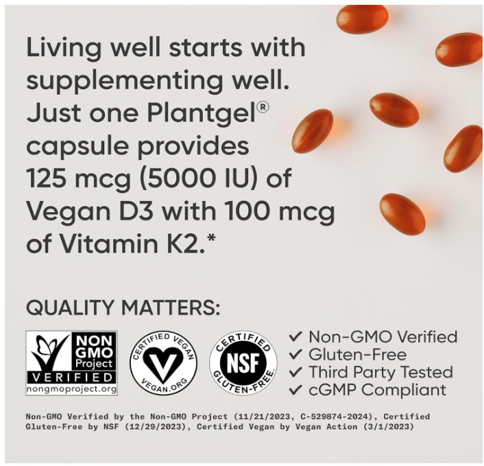 Sports Research Vegan Vitamin D3 K2 5000 IU 60 Softgels Coconut Oil MK-7