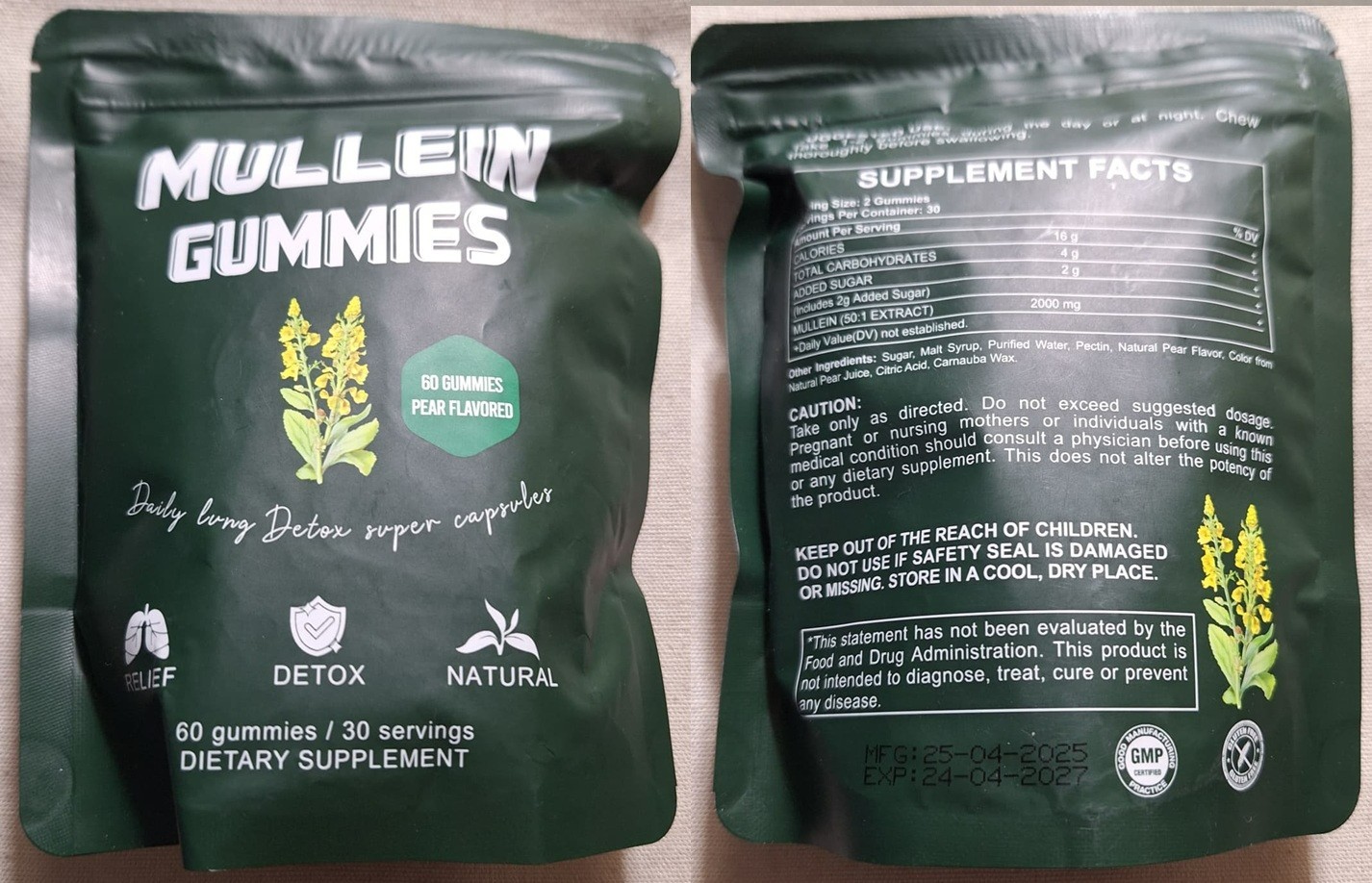 Mullein Gummies for Lung Cleanse, 60 gummies pear flavored Expires 04/2027