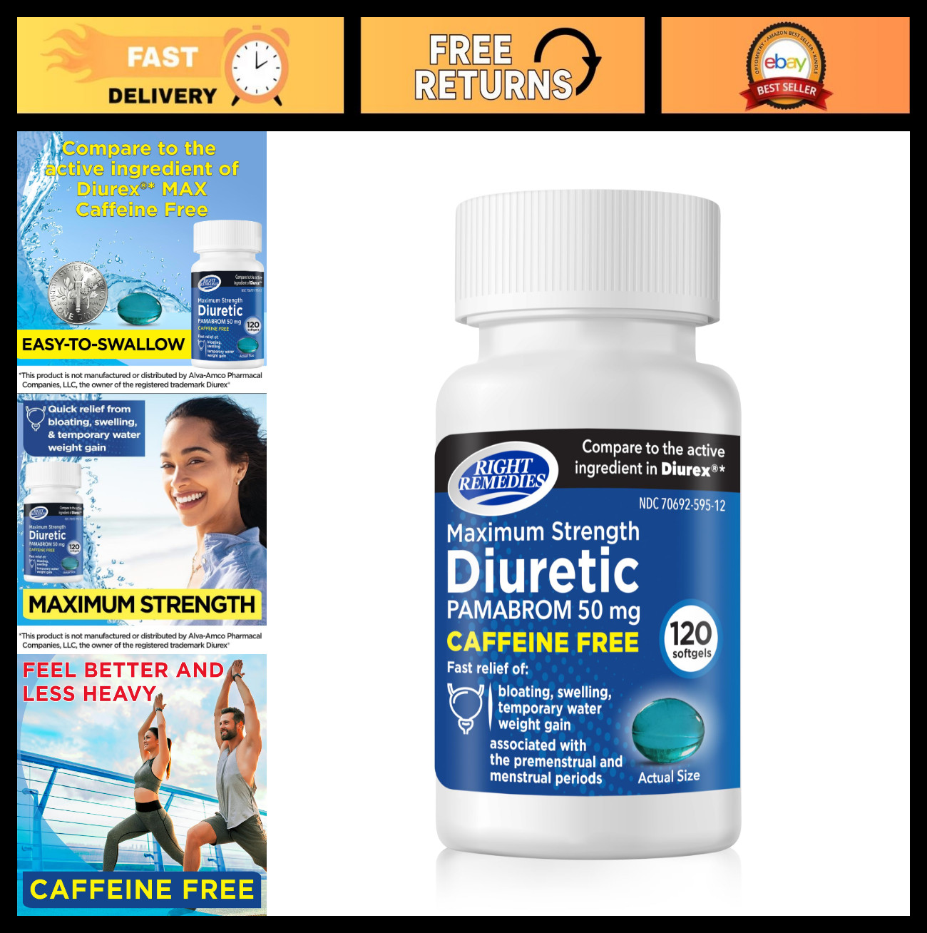 Caffeine-Free Diuretic Softgels, 120 Count, Pamabrom 50mg for Water Weight Relie
