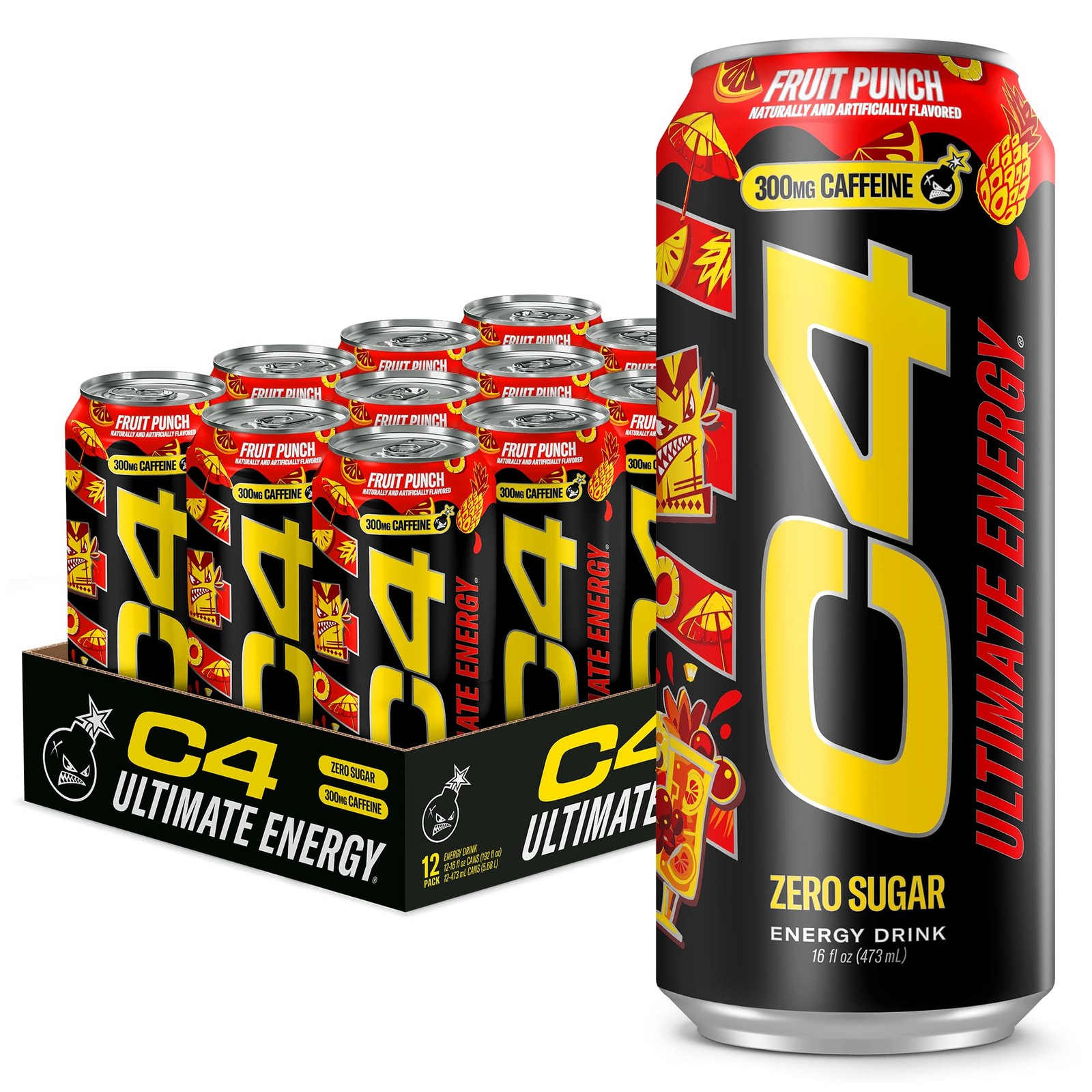 C4 Ultimate Energy Drink Fruit Punch 16oz Cans 12 Pack Case Zero Sugar 300mg