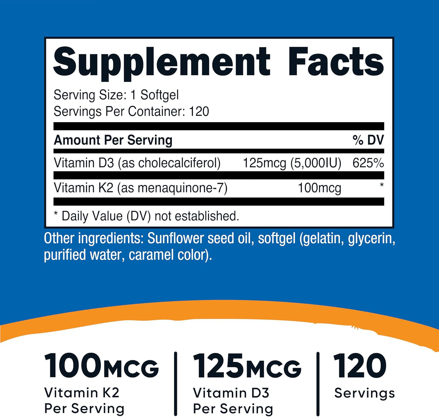 Nutricost Vitamin K2 (100mcg) + Vitamin D3 (5000 IU) 120 Softgels – Gluten Free