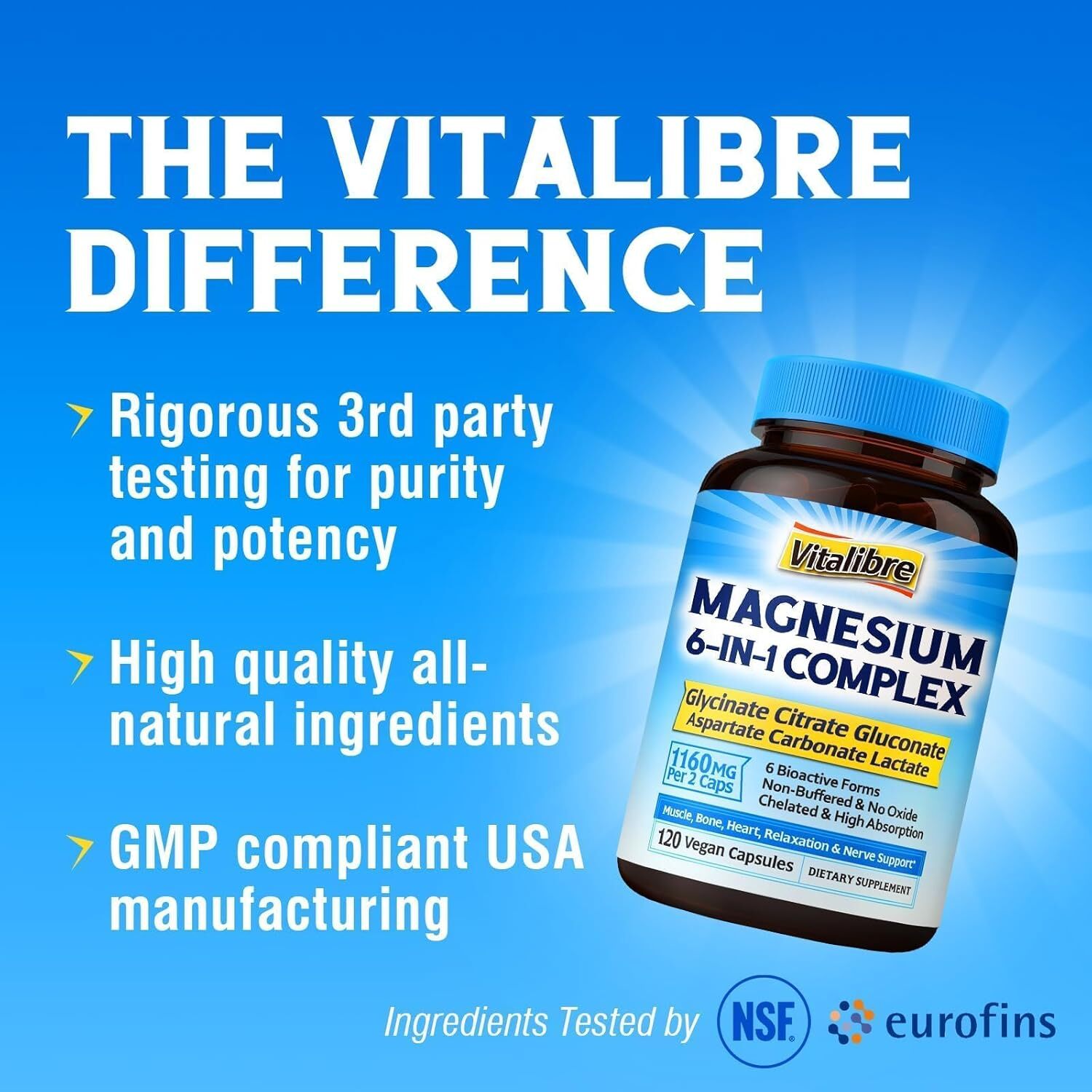 Magnesium Complex Supplement 6 in 1, 1160Mg Chelated Magnesium for Max Absorptio