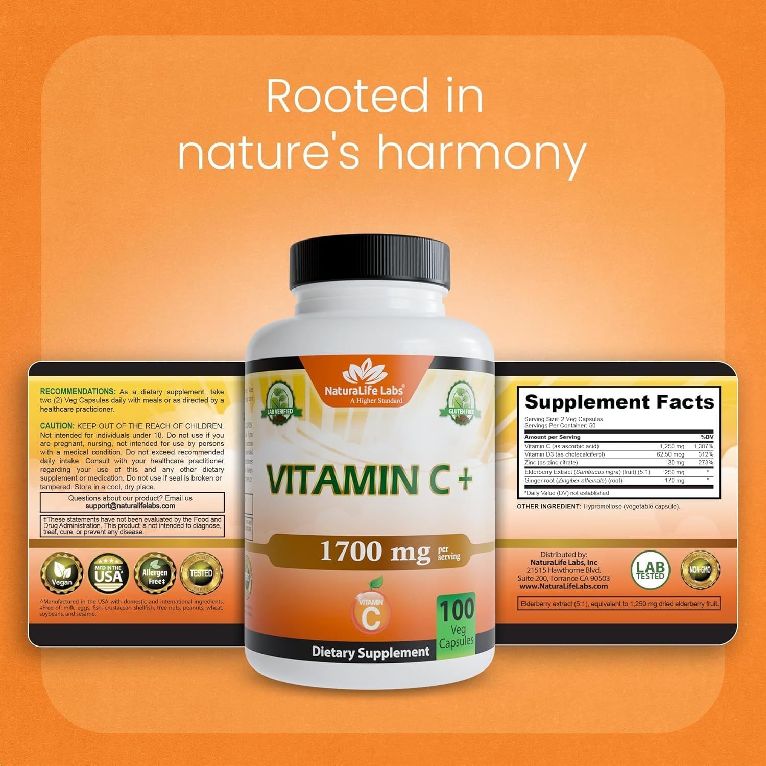 Vitamin C with D3, Zinc Citrate, Elderberry Extract & Ginger Root, 100 Capsules