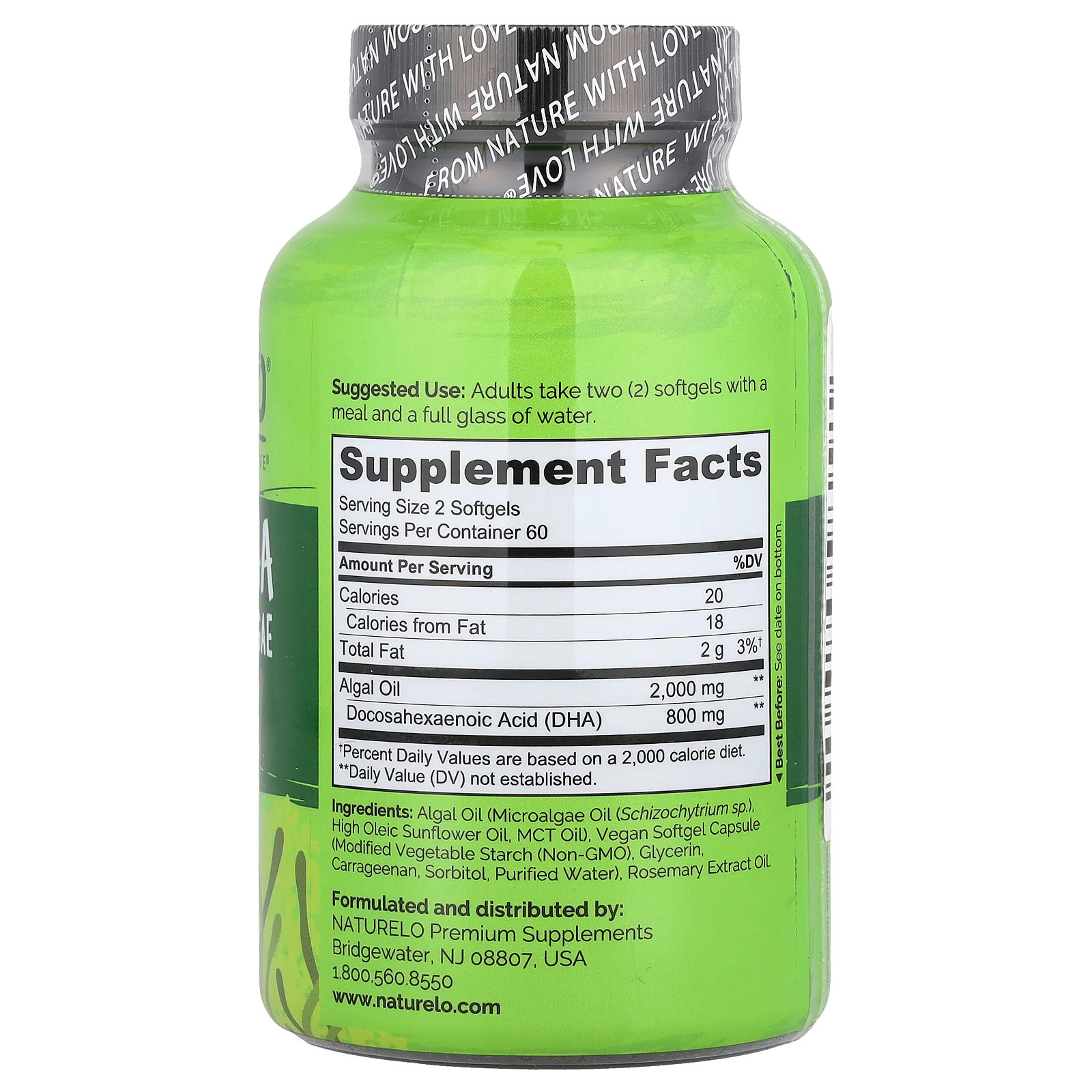 2 X NATURELO, Vegan DHA, Omega-3 from Algae, 120 Vegan Softgels (400 mg per Sof