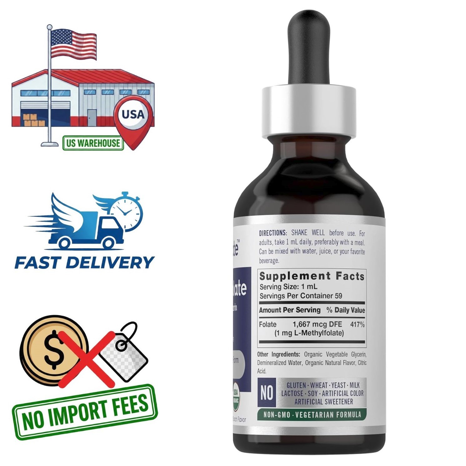 L-Methylfolate 1mg Liquid Folate 1667mcg DFE | 2 Oz Fruit Punch Flavor