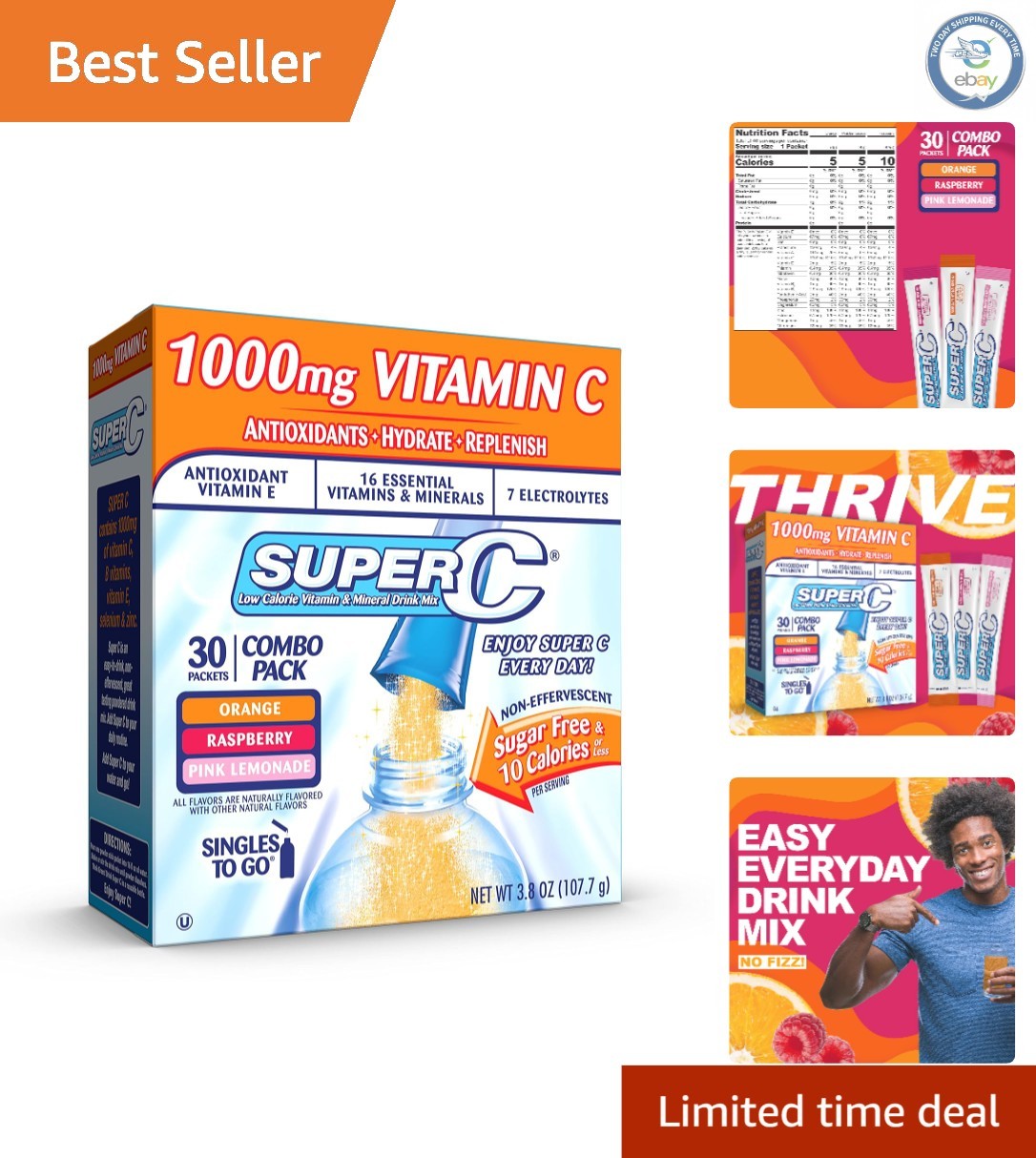 Hydrating Powder Drink Mix Pack: Orange, Raspberry & Pink Lemonade – 30 Sticks
