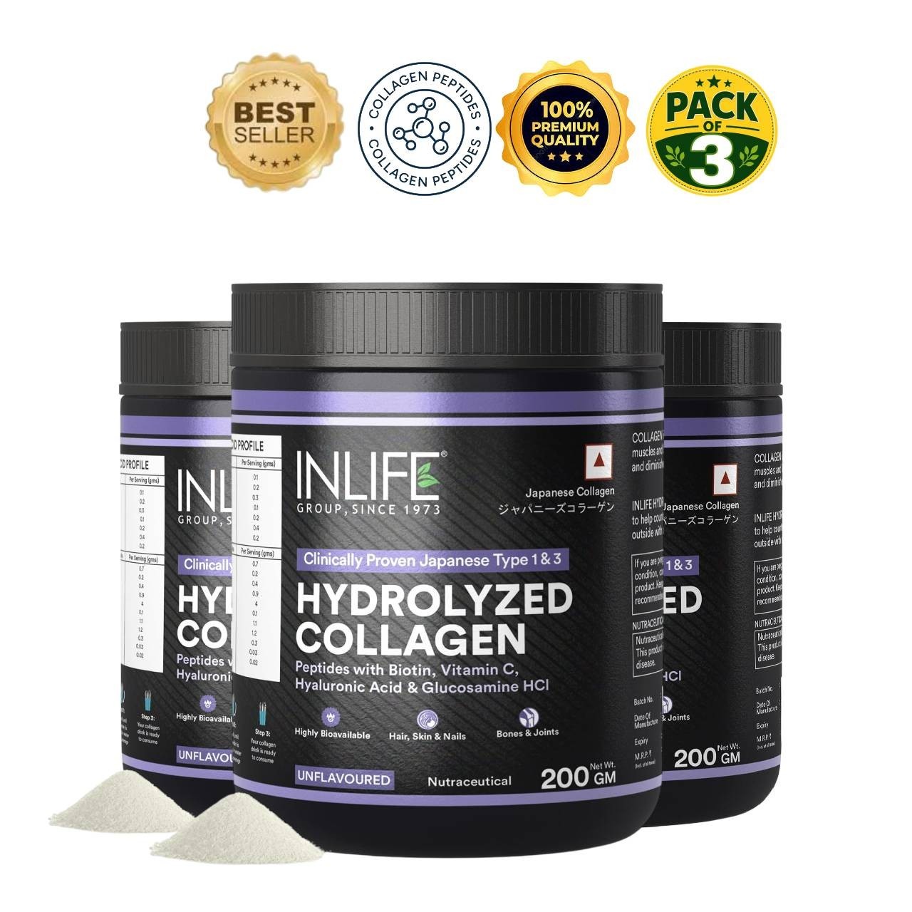 IN.LIFE Collagen Peptides Powder 200g Pack of 3 Joint Skin Support