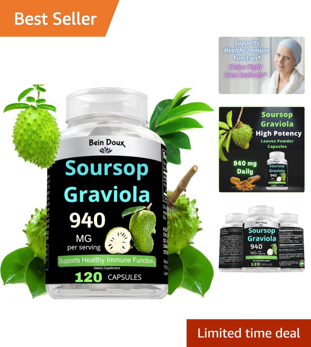 Organic Soursop Graviola Capsules – 940mg – 120 Capsules for Natural Wellness