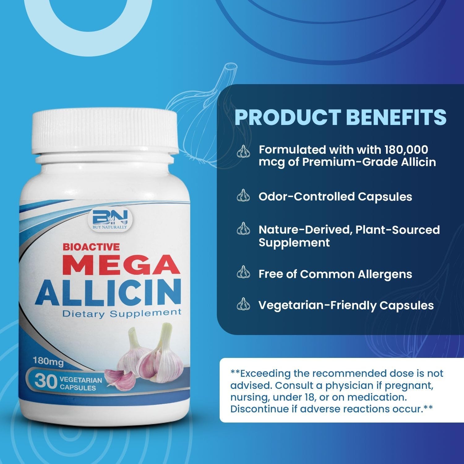 100% Pure Stabilized Allicin from Garlic Odor-Controlled | 180,000mcg 180mg V…