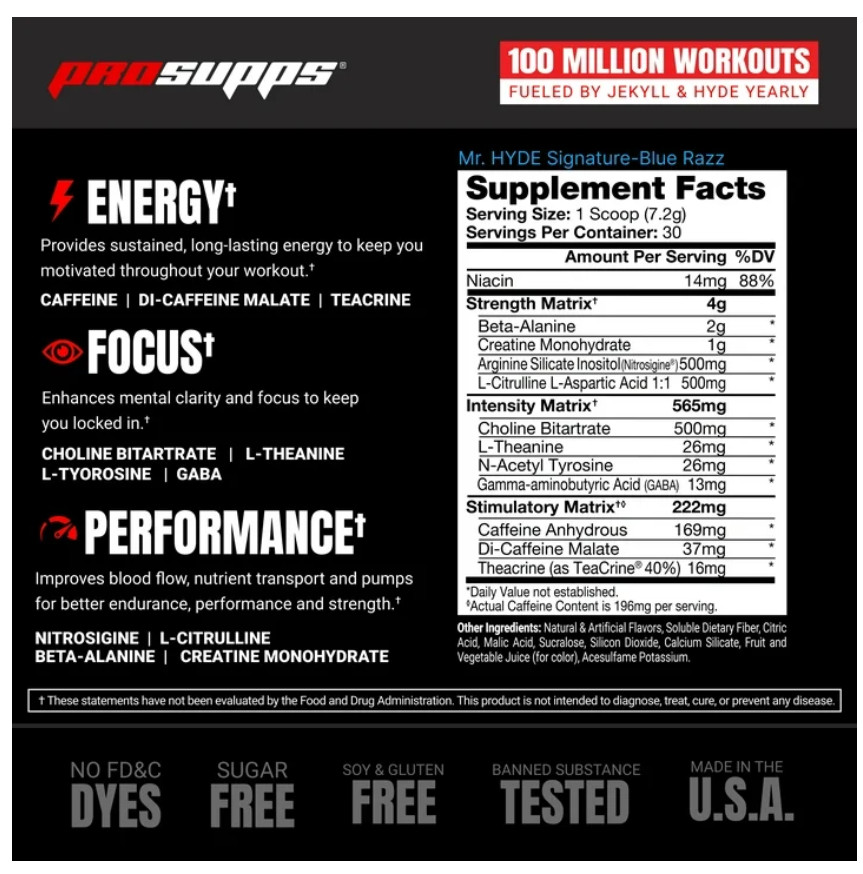 Mr. Hyde, Signature Sustained Energy Pre-Workout, Blue Razz, 7.6 oz (216 g)