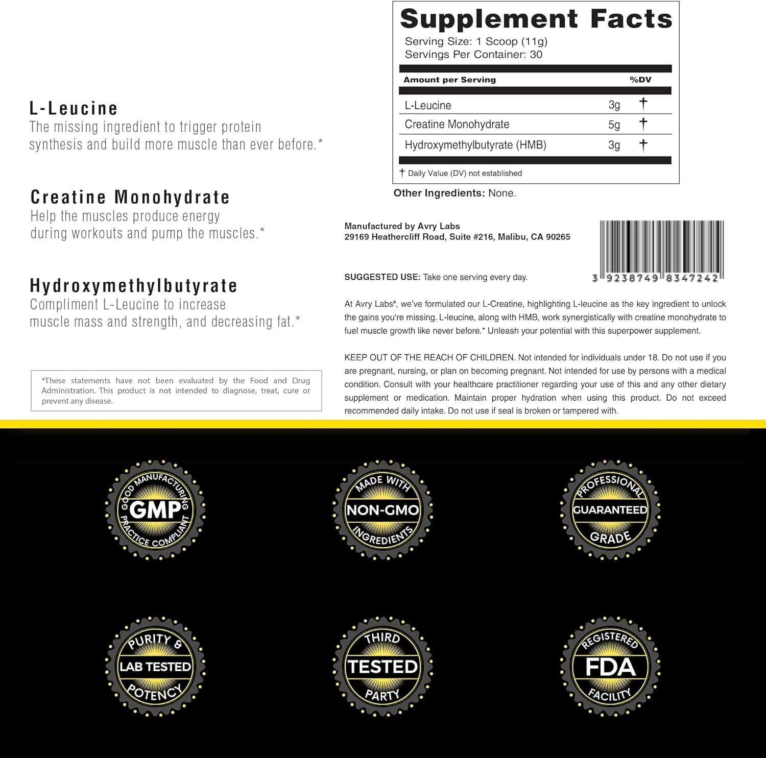 L-CREATINE Supplement: Creatine Monohydrate W/Leucine Amino Acid and HMB – Suppo