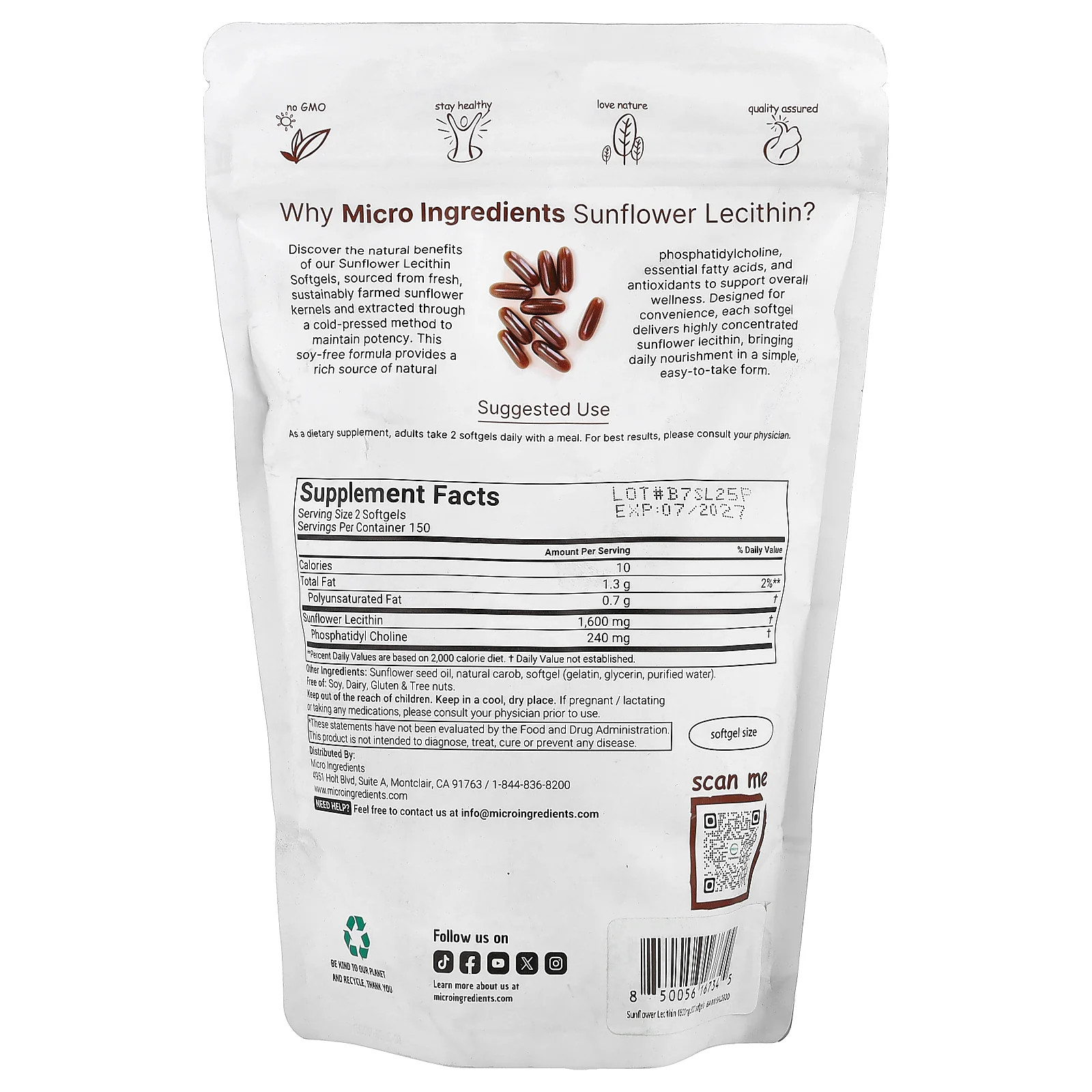 2 X Micro Ingredients, Sunflower Lecithin, 300 Softgels (800 mg per Softgel)