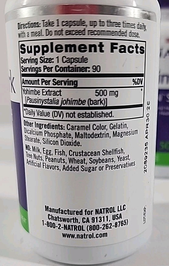2 Pk Natrol Yohimbe Bark Men’s Health & Vitality 90 Capsules 500mg Sealed 4/26