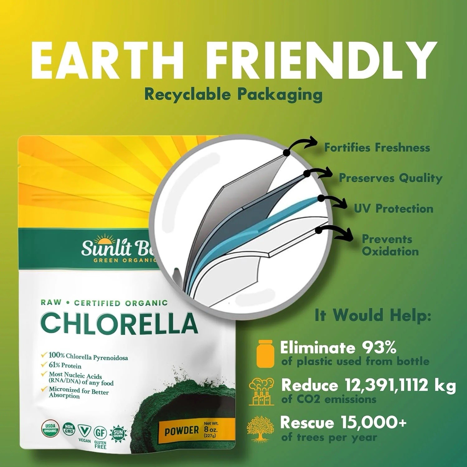 Sunlit Best Chlorella Powder Organic USDA, Broken Cell Wall Chlorellas – 8 oz