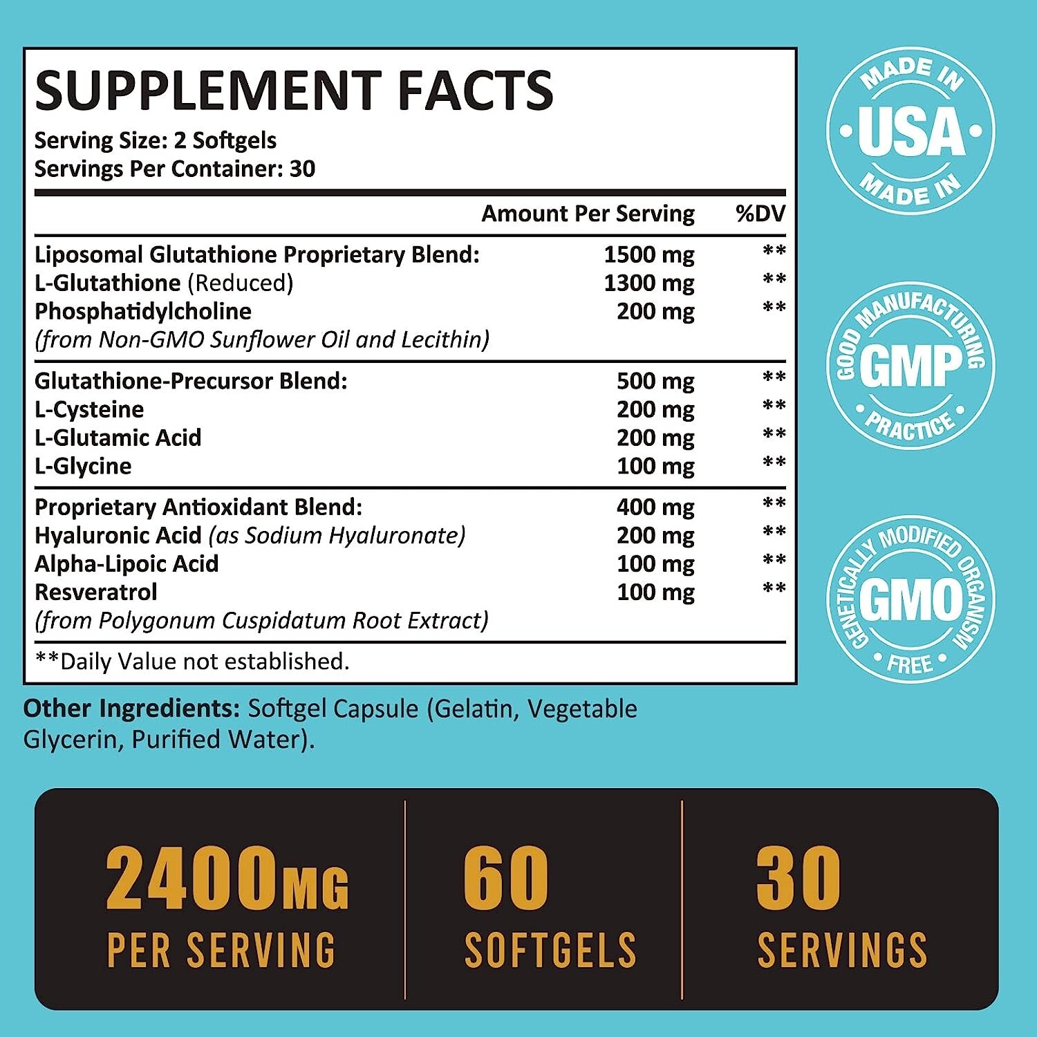 LIPOSOMAL GLUTATHIONE 2400mg Hyaluronic Acid + Resveratrol + Alpha Lipoic Acid