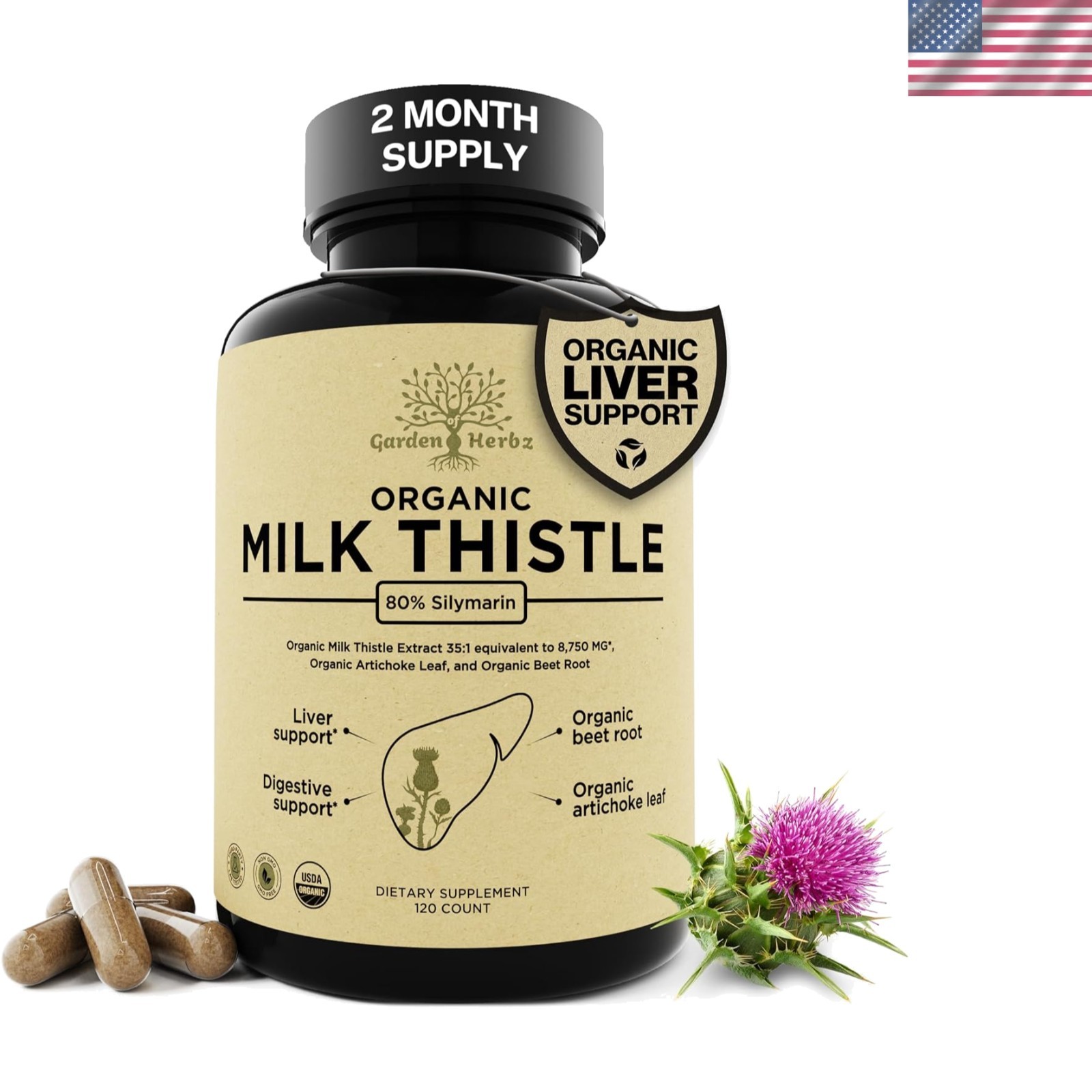 USDA Organic Milk Thistle Detox Capsules 250 mg, 120 Count – Liver Support
