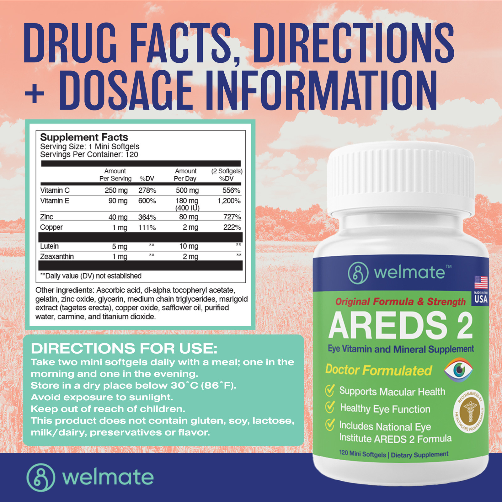 WELMATE AREDS 2 Eye Vitamin & Mineral Supplement, 120 Mini Softgels Exp 6/27