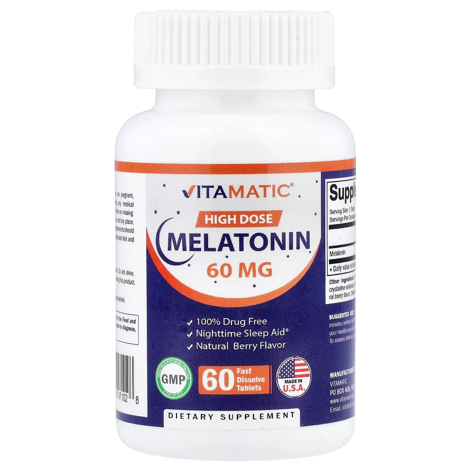 2 X Vitamatic, High Dose Melatonin, Natural Berry, 60 mg, 60 Fast Dissolve Tabl