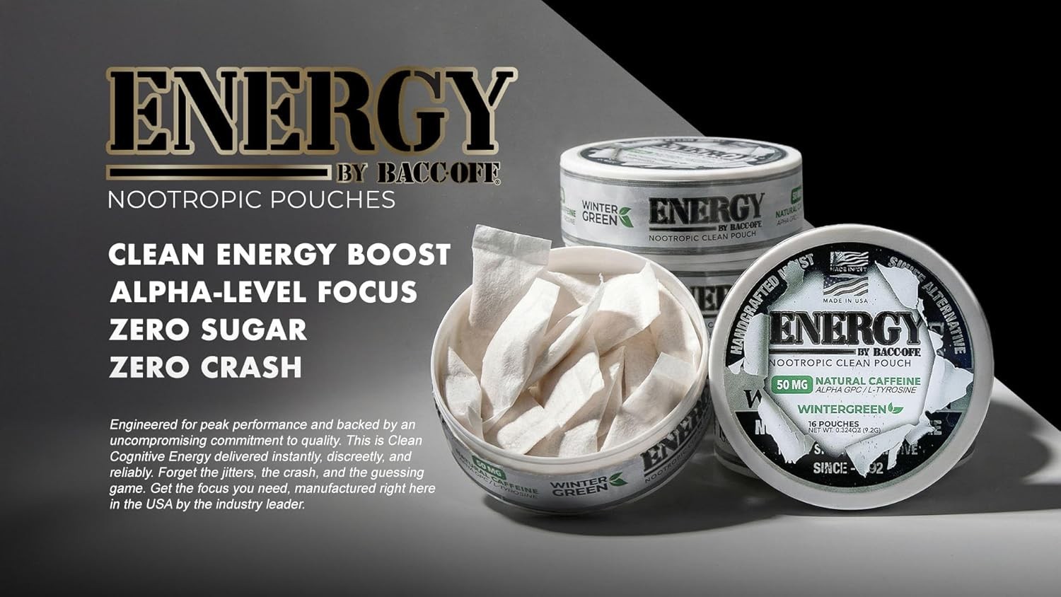Wintergreen Nootropic Energy Pouches – 50mg Caffeine | 16 Sugar-Free Packs