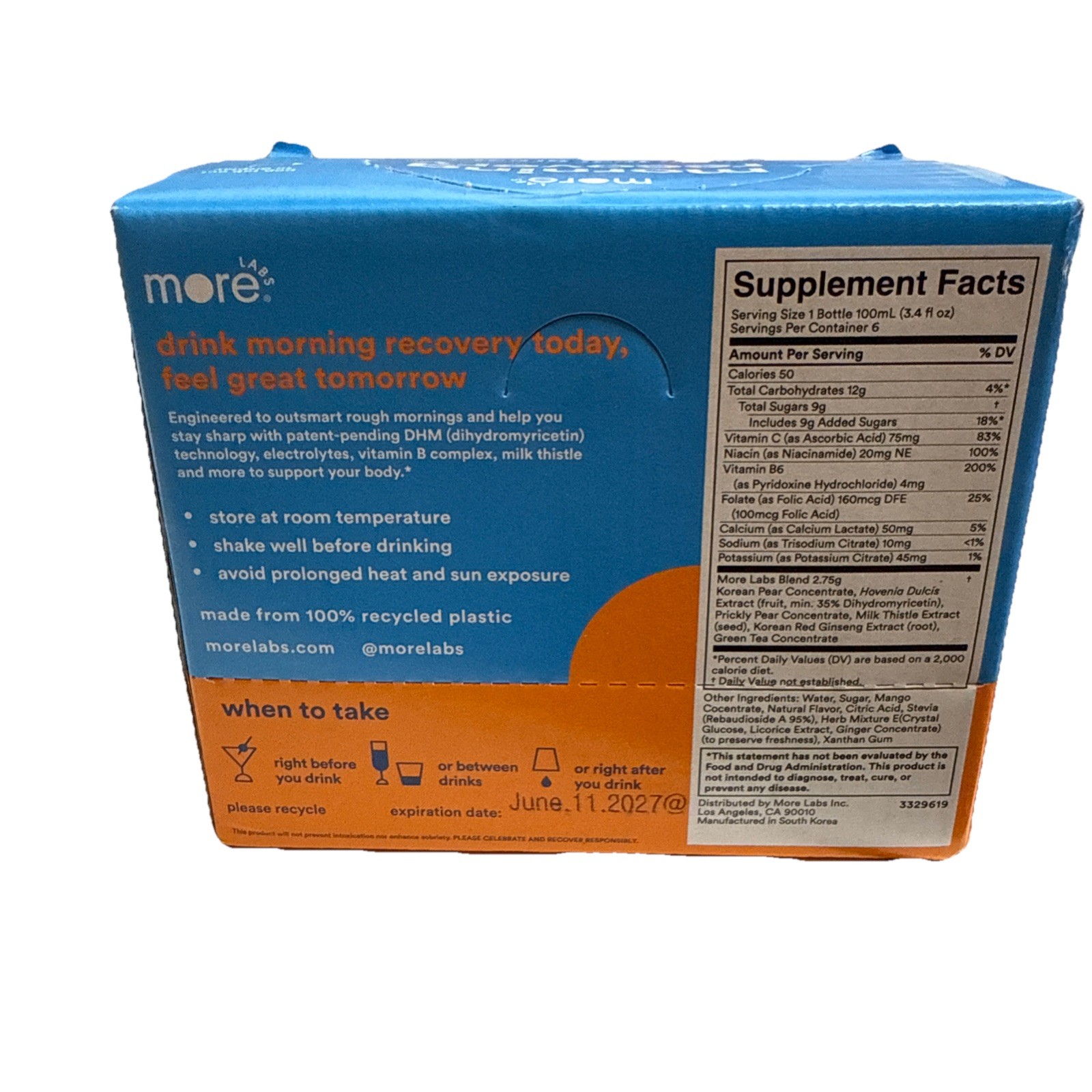 Morning Recovery Hangover Prevention Drink Orange Mango 3.4 OZ 6 Pack Brand New