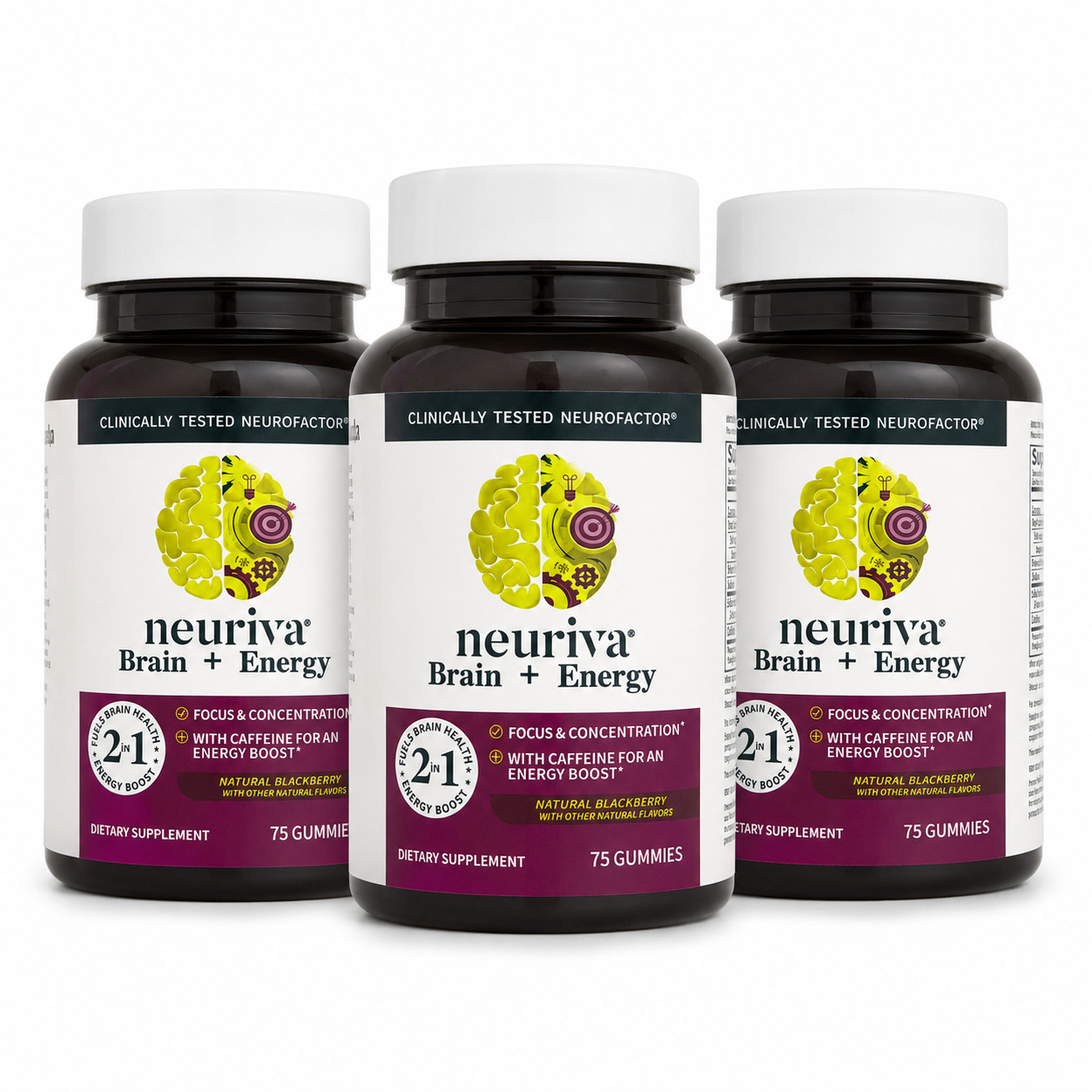 Neuriva Brain + Energy Gummies 75ct Blackberry 3 Pack Focus Energy Support