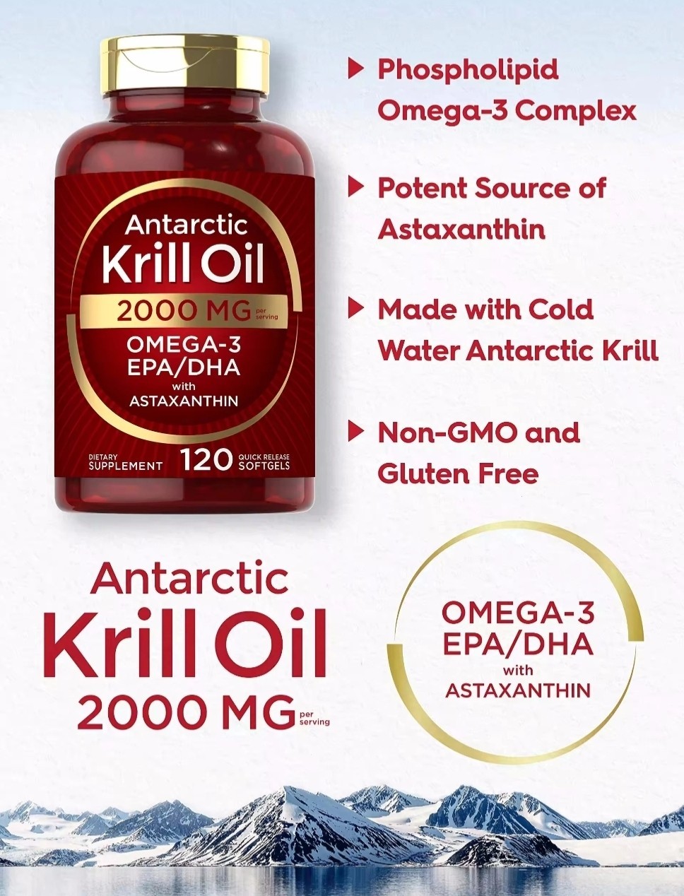 Antarctic Krill Oil 2000 mg 120 Softgels | Omega-3 EPA, DHA, with Astaxanthin