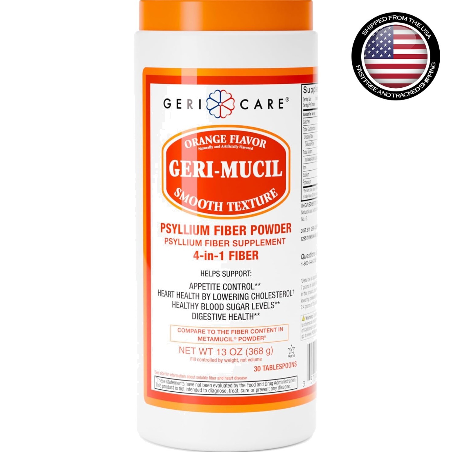 Geri-Mucil 13oz Fiber Drink Mix – Natural Orange Psyllium for Digestive Health