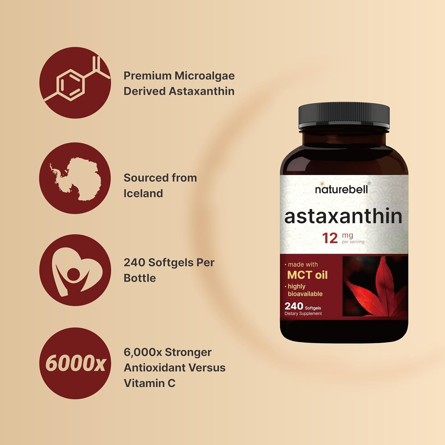 Natural Astaxanthin 12mg – 240 Softgels Infused with MCT Oil for Optimal Health